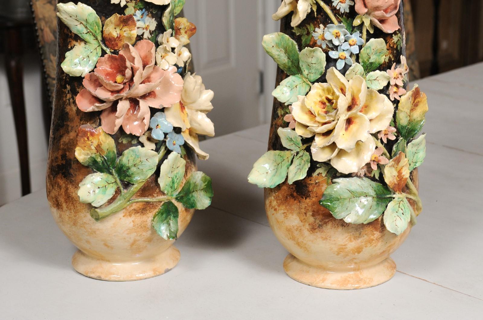 Large Pair of French 19th Century Barbotine Vases with High Relief Floral Décor In Good Condition In Atlanta, GA