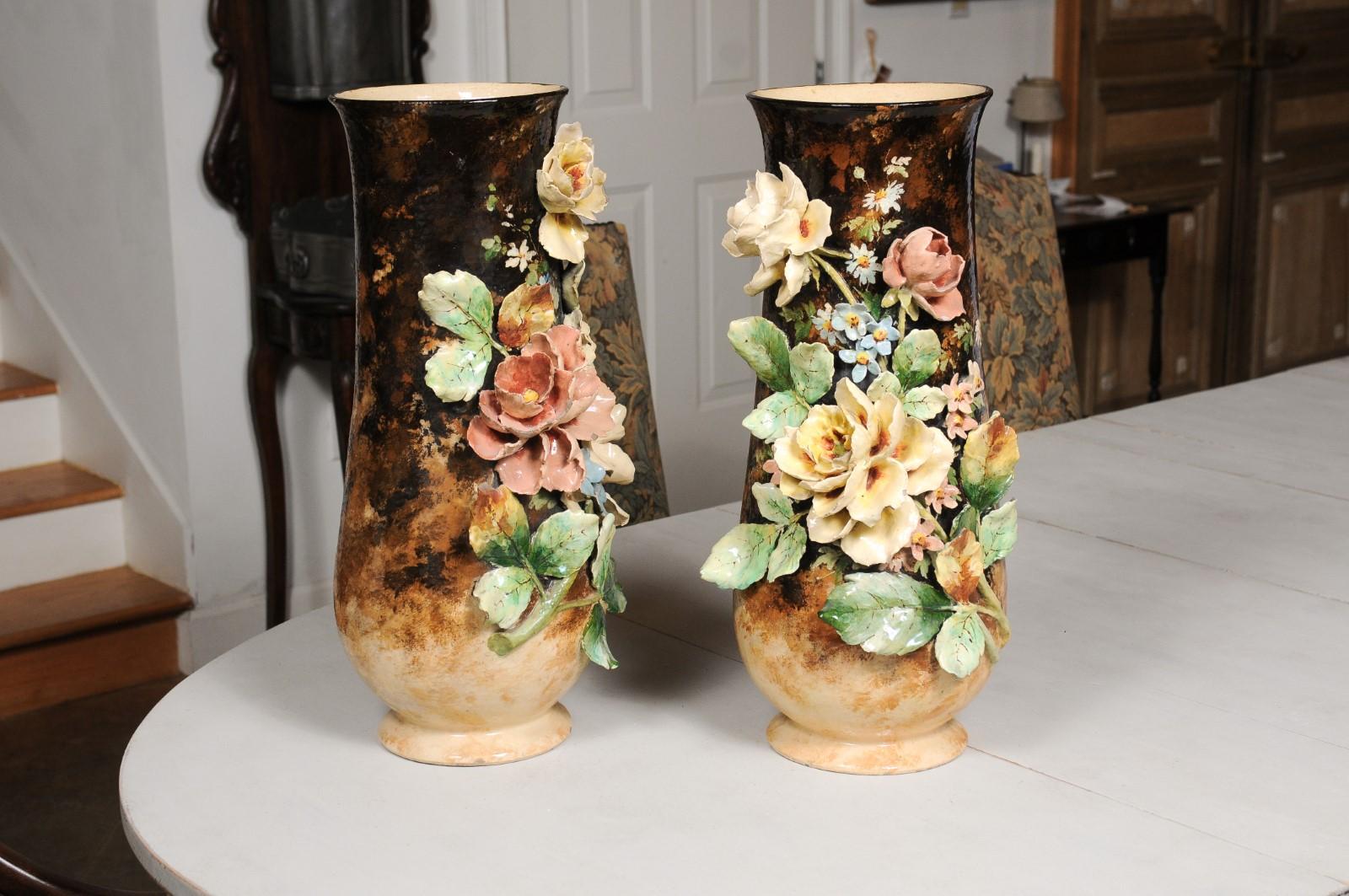 Majolica Large Pair of French 19th Century Barbotine Vases with High Relief Floral Décor