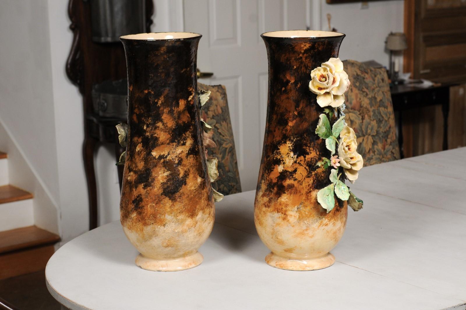 Large Pair of French 19th Century Barbotine Vases with High Relief Floral Décor 1