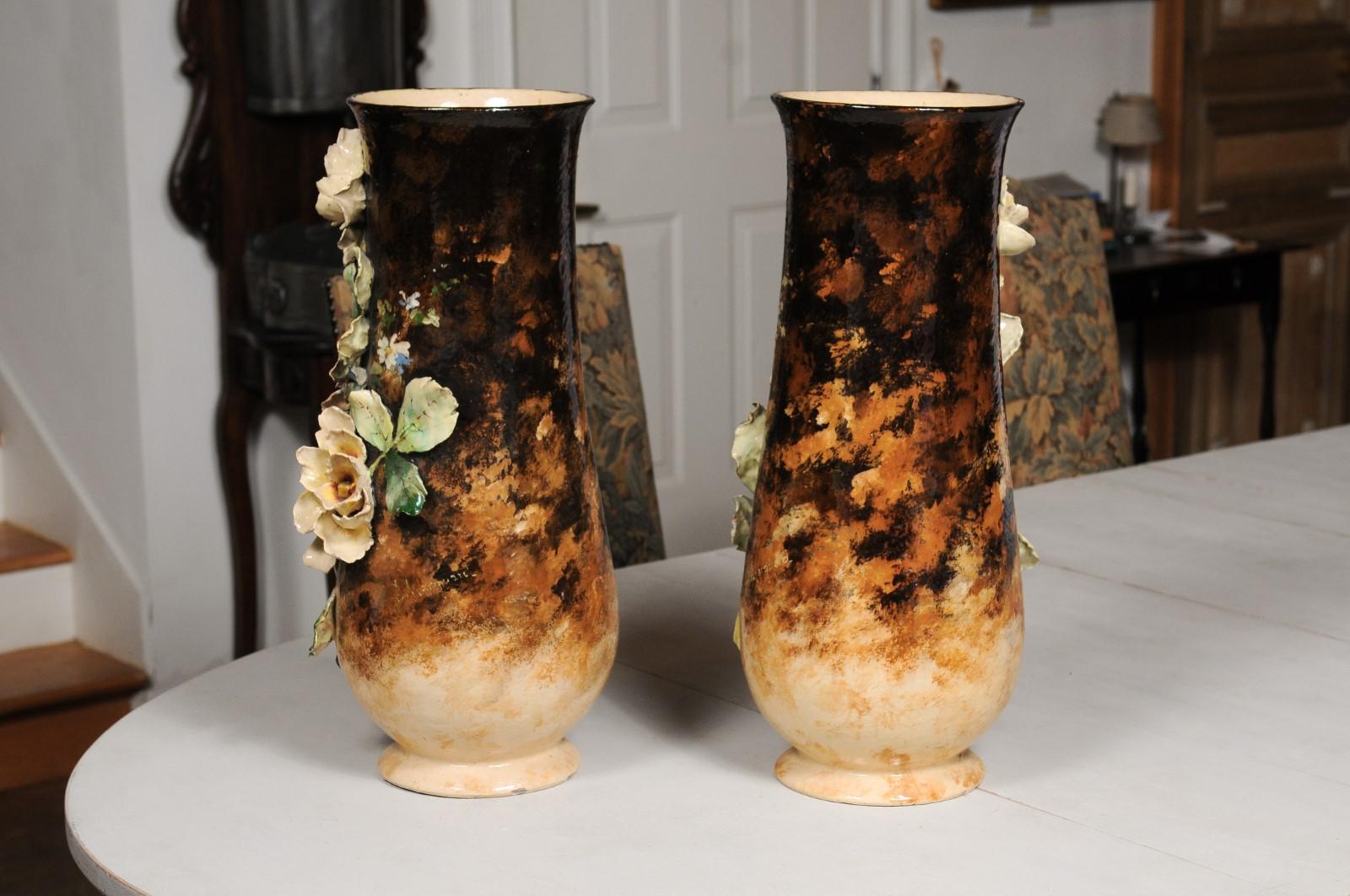 Large Pair of French 19th Century Barbotine Vases with High Relief Floral Décor 2