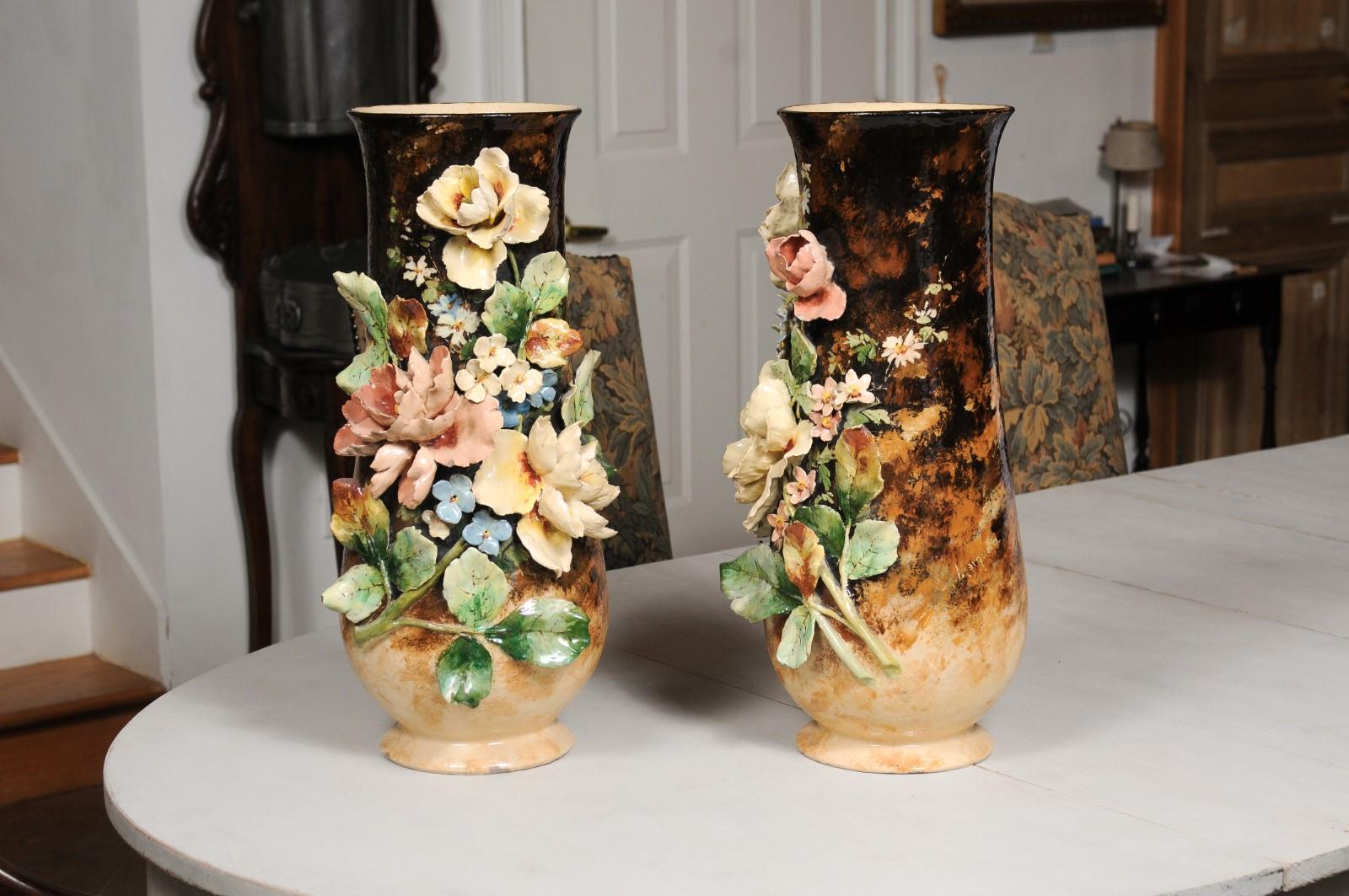 Large Pair of French 19th Century Barbotine Vases with High Relief Floral Décor 3