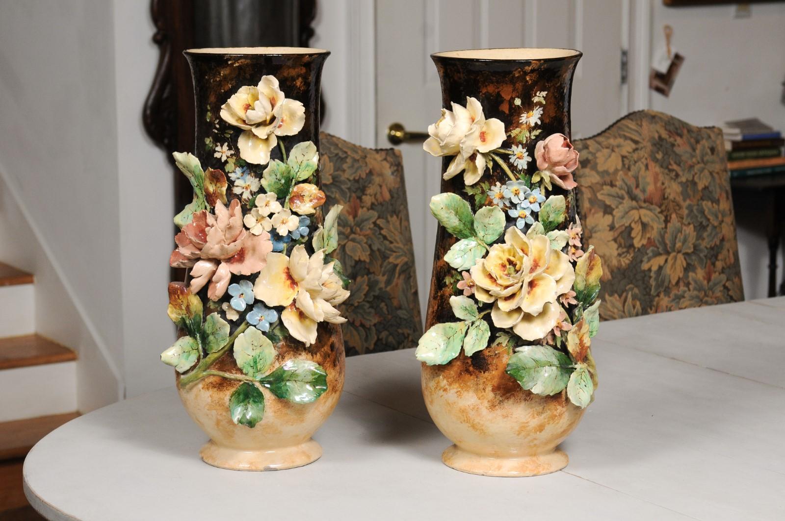 Large Pair of French 19th Century Barbotine Vases with High Relief Floral Décor 4