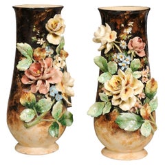 Large Pair of French 19th Century Barbotine Vases with High Relief Floral Décor