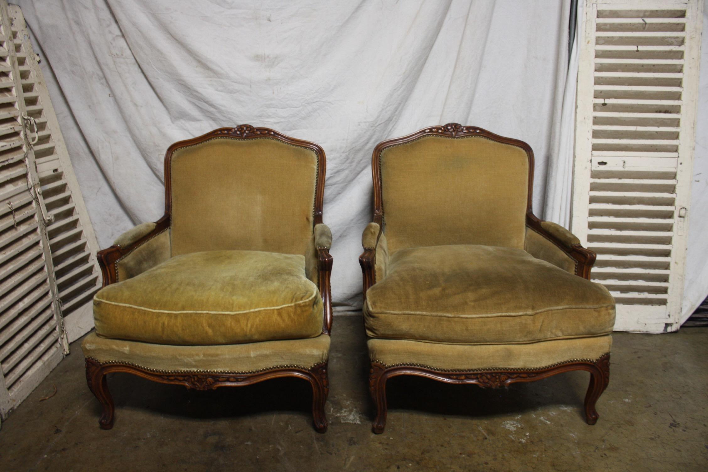 Large pair of French 19th century Bergere chairs.