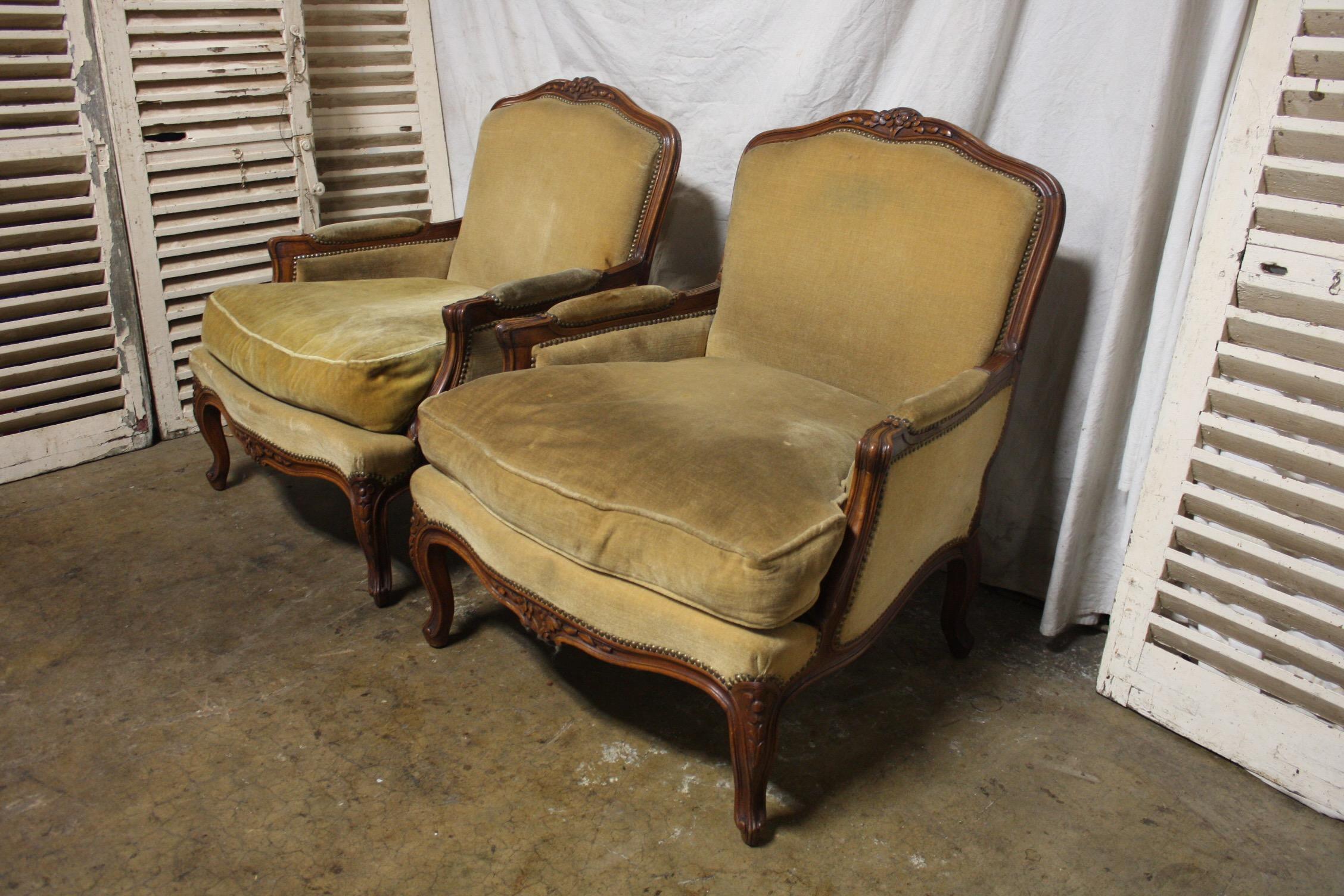 Louis XV Large Pair of French 19th Century Bergere Chairs
