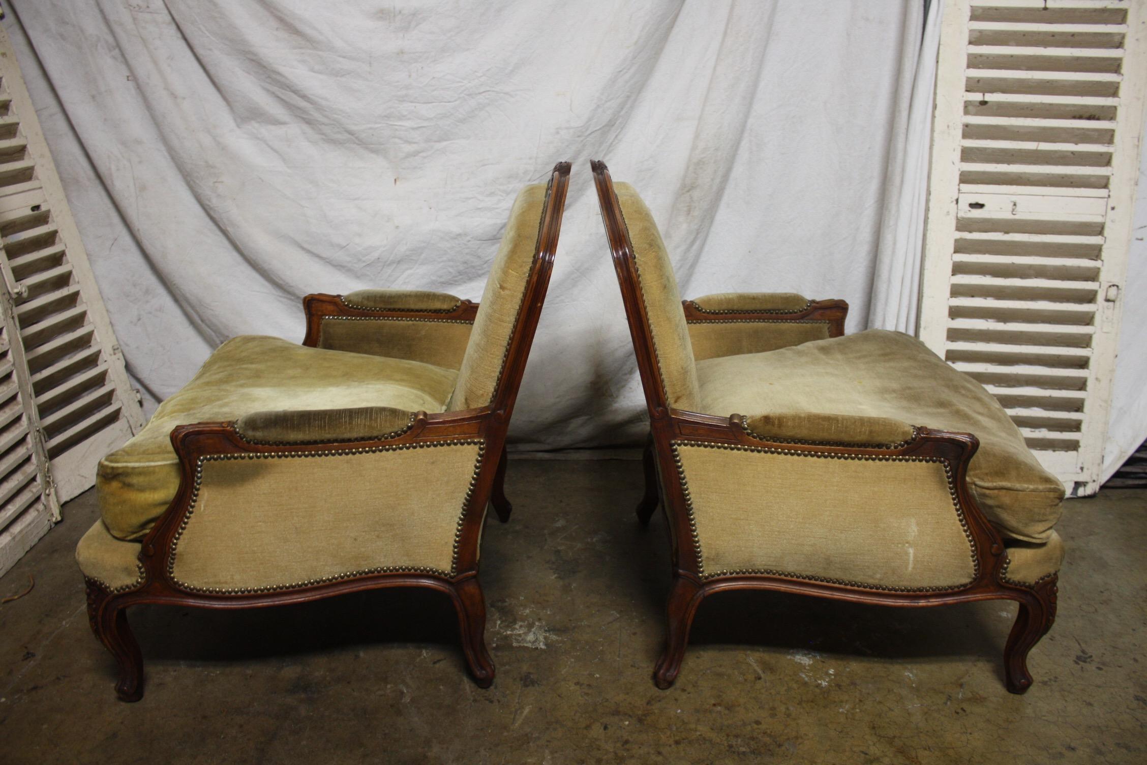 Walnut Large Pair of French 19th Century Bergere Chairs