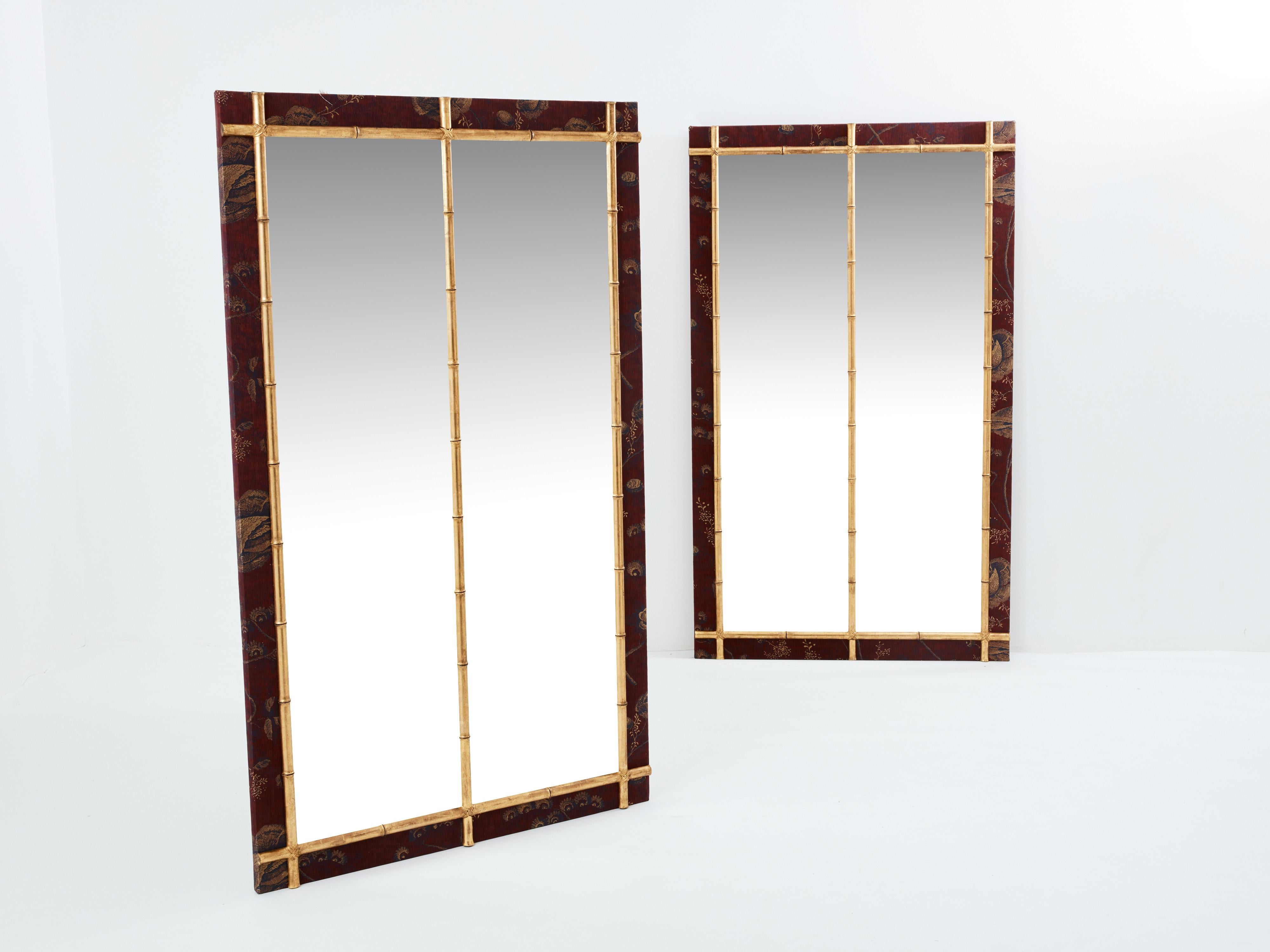 This elegant pair of French 19th Century gilt mirrors date from the Napoléo III era, circa 1870. Surrounding each tall rectangular mirror plate is a detailed giltwood faux bamboo frame with beautiful decors and patina , mounted on solid oak