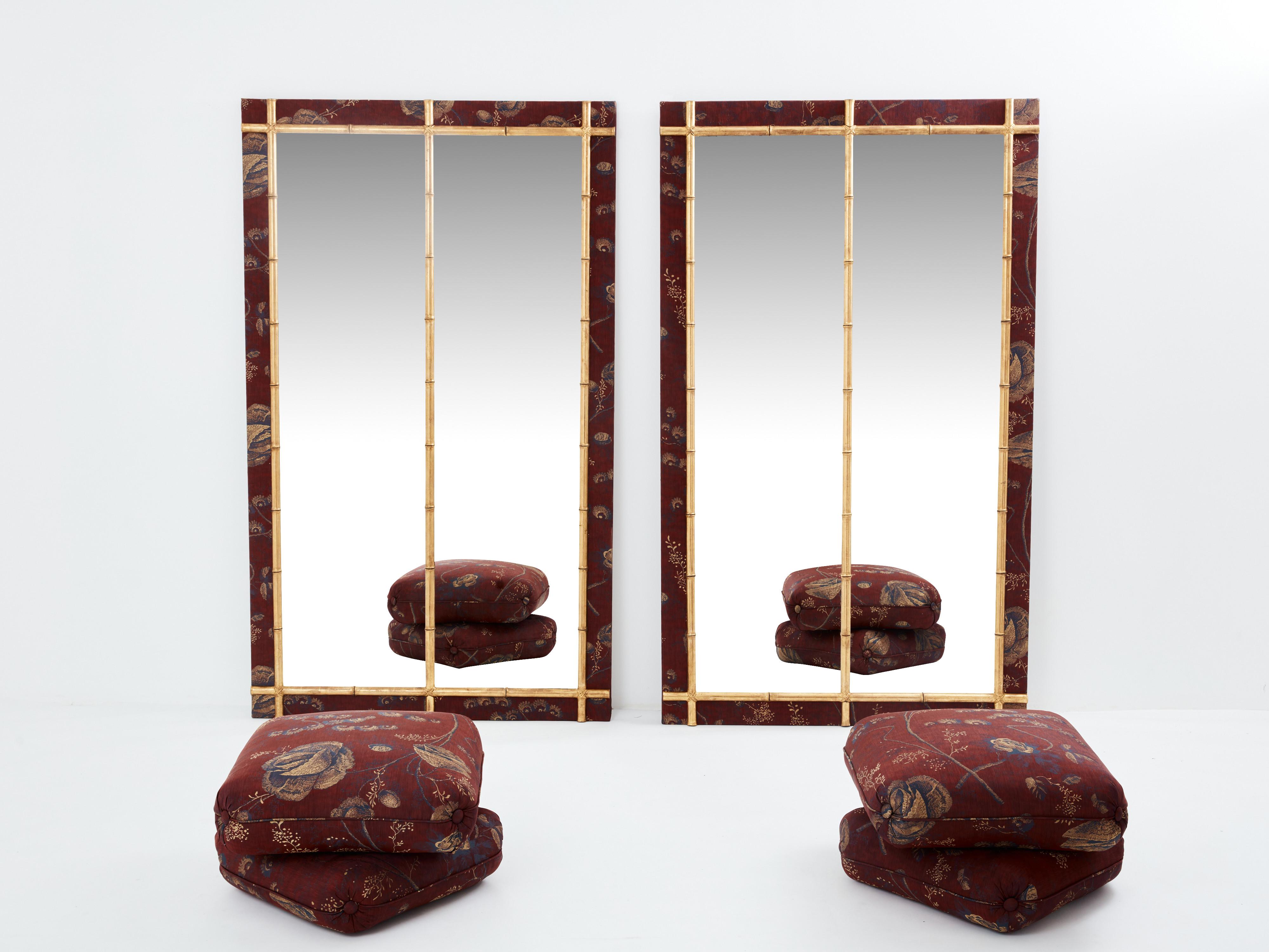 Napoleon III Large pair of French 19th Century gilt faux bamboo upholstery mirrors  For Sale