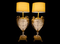 Large Pair of French Antique Ormolu-Mounted Cut-Glass Vases Fitted as Lamps