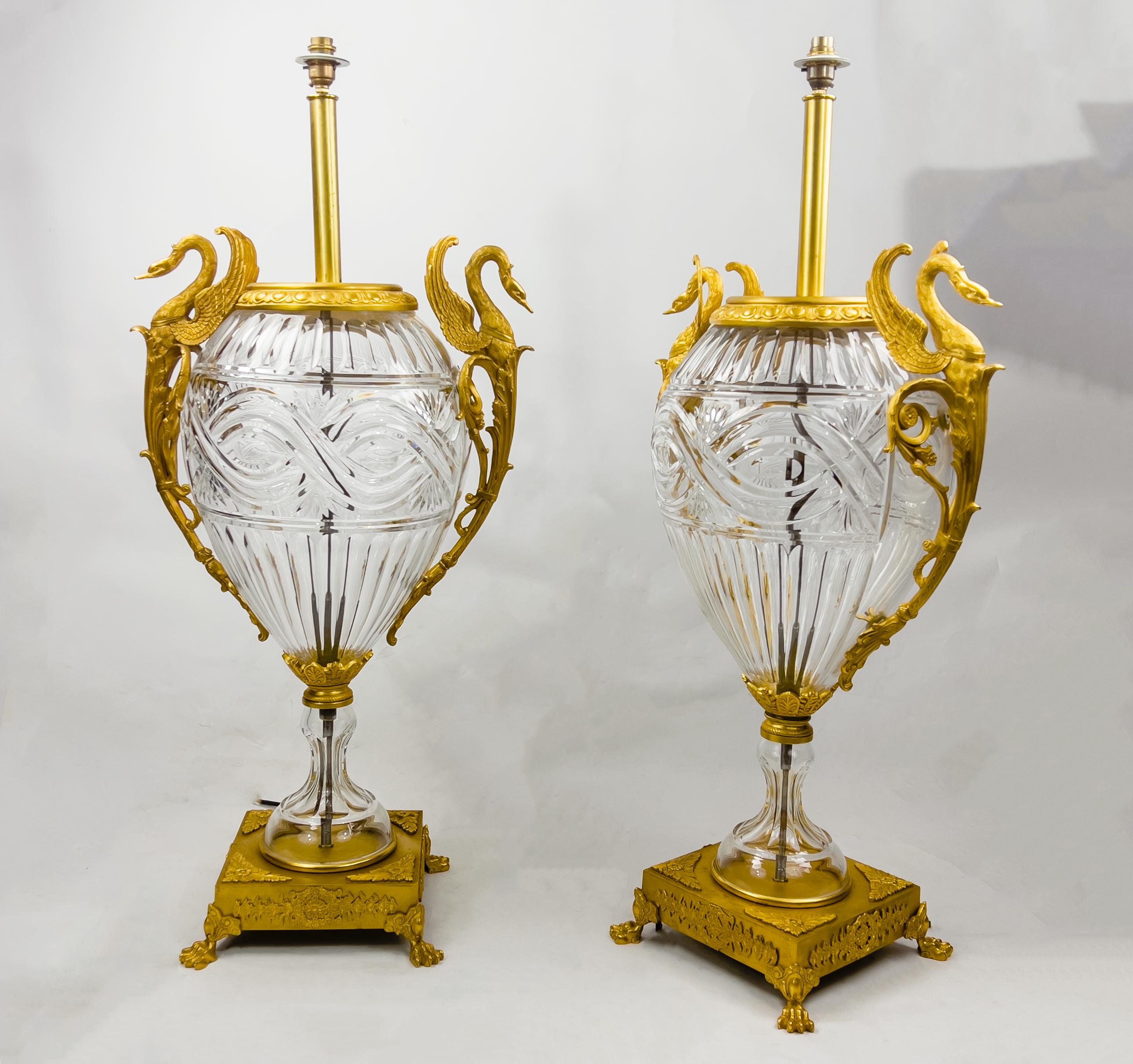 Neoclassical Large Pair of French Antique Ormolu-Mounted Cut-Glass Vases Fitted as Lamps