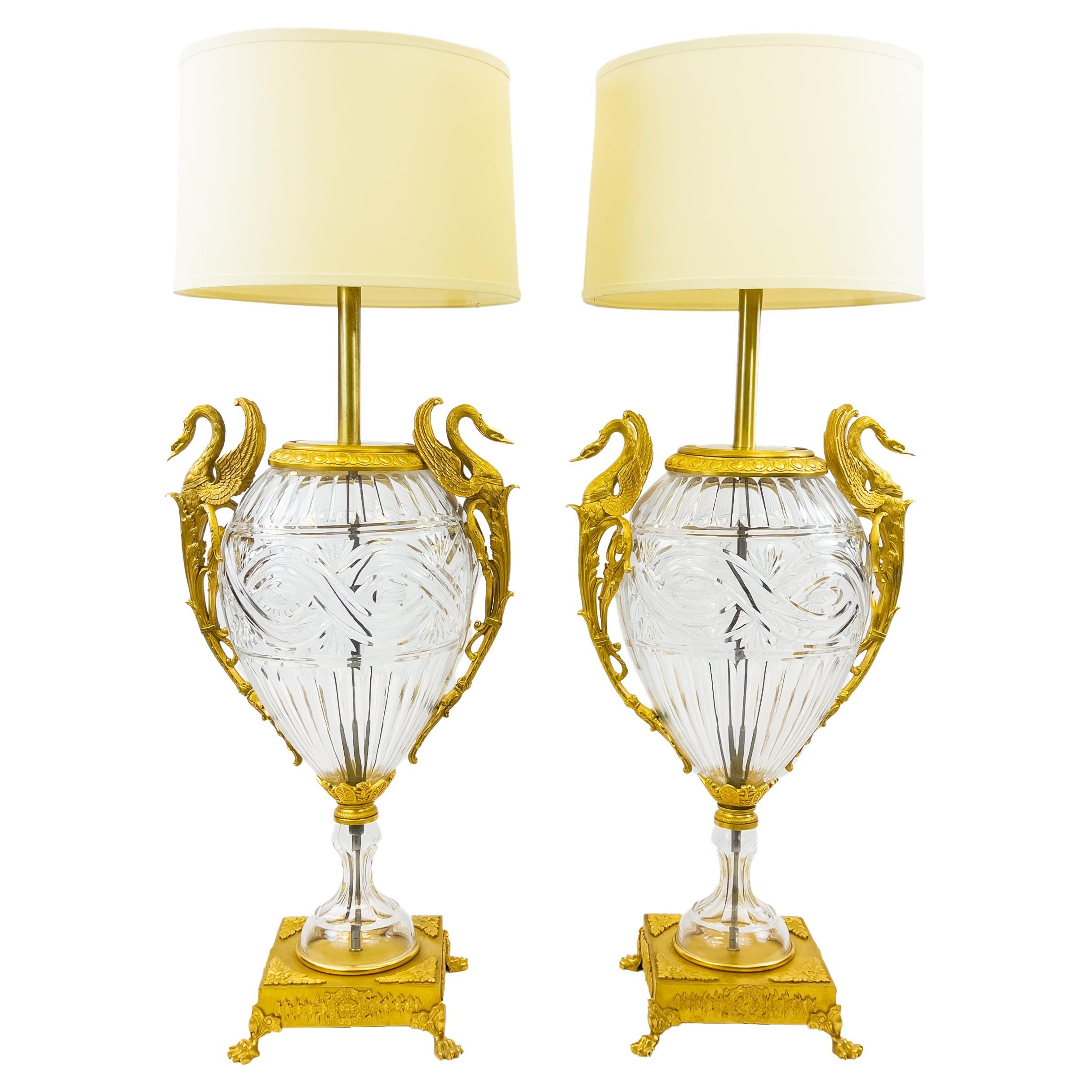 Large Pair of French Antique Ormolu-Mounted Cut-Glass Vases Fitted as Lamps