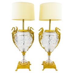 Large Pair of French Antique Ormolu-Mounted Cut-Glass Vases Fitted as Lamps