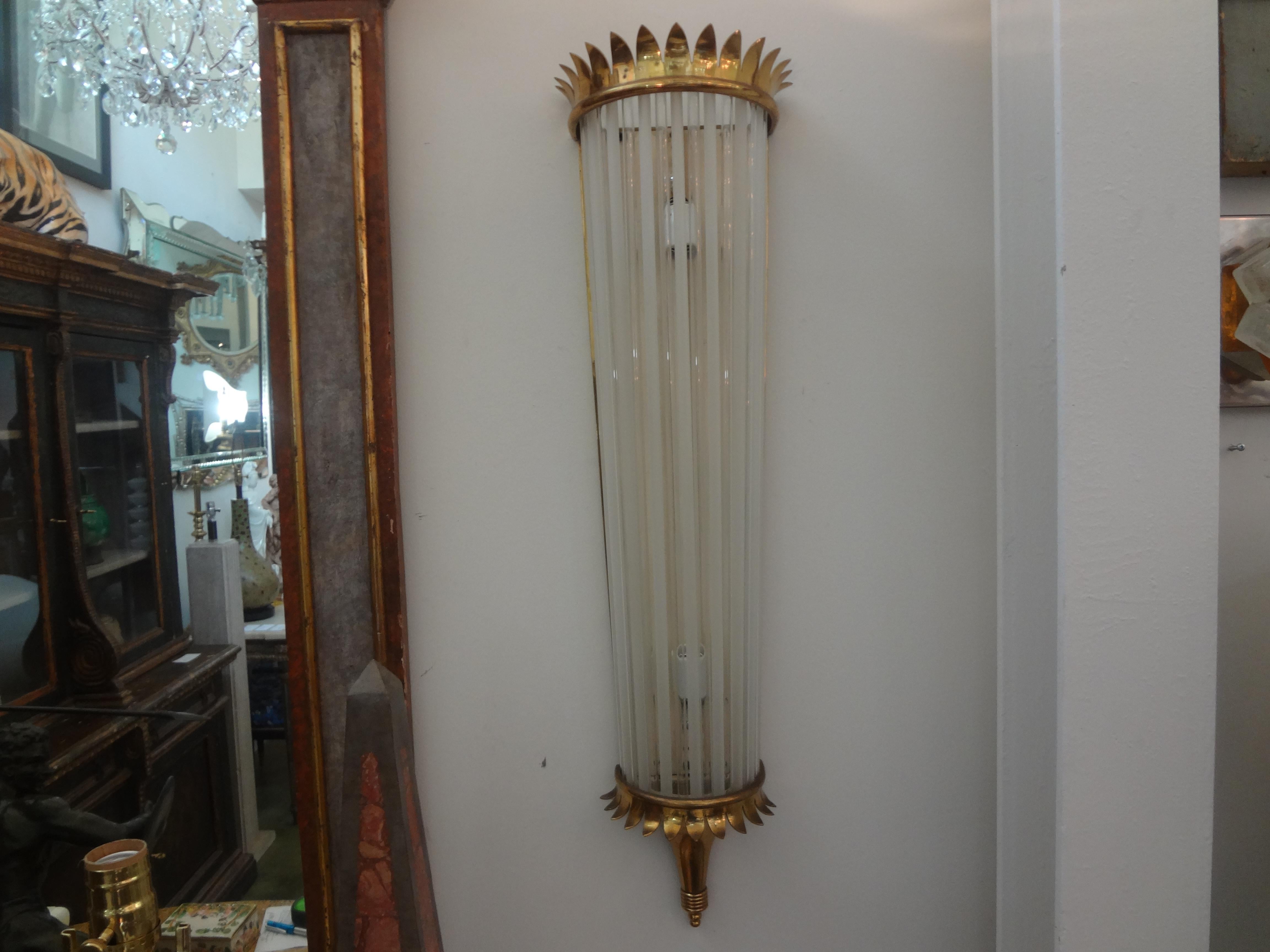 Outstanding Large Pair of French Art Deco Brass and Glass Sconces In Good Condition For Sale In Houston, TX