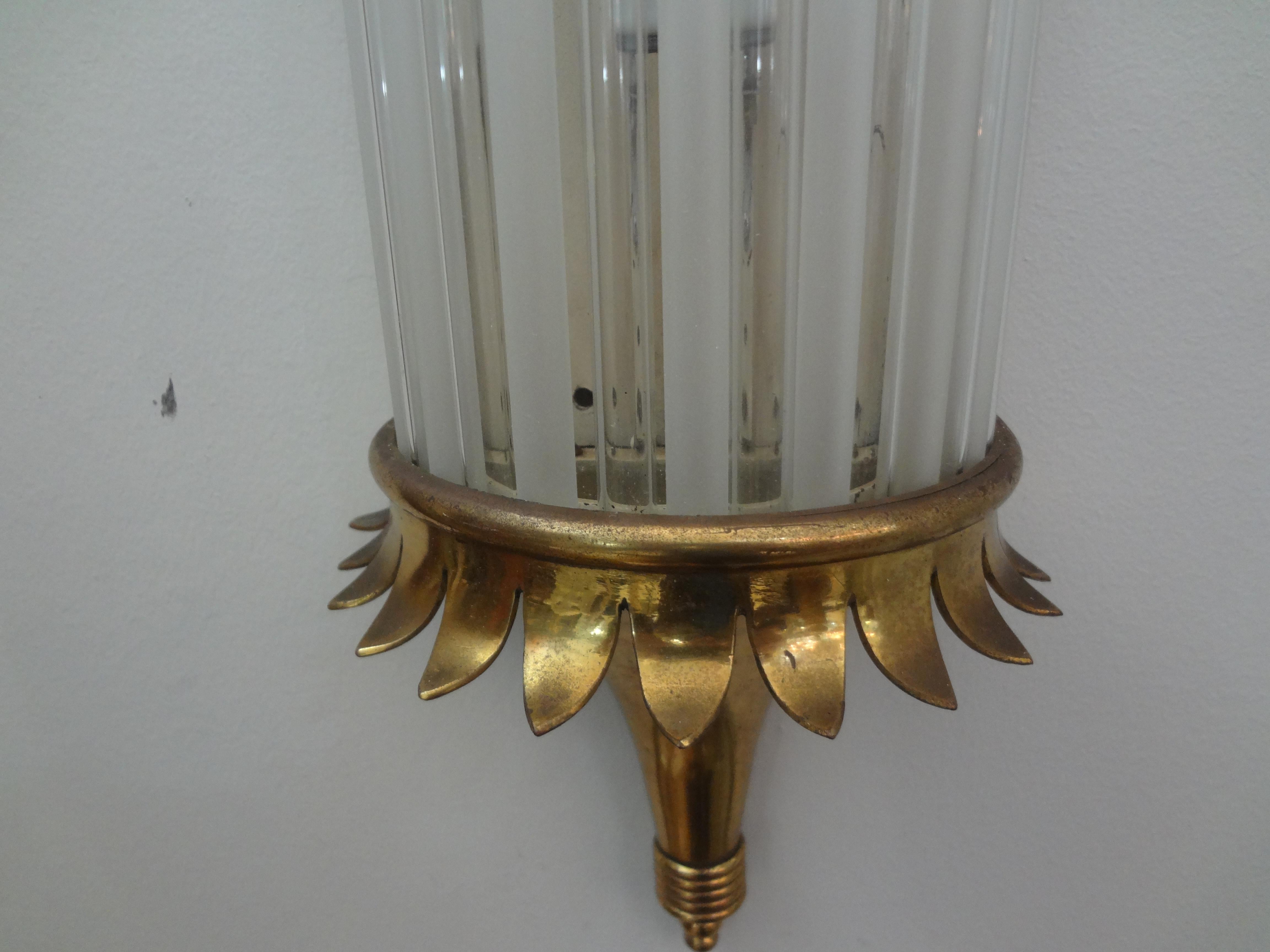 Outstanding Large Pair of French Art Deco Brass and Glass Sconces For Sale 2