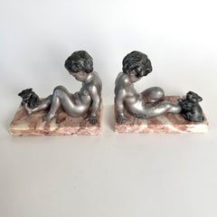 Large Pair of French Art Deco Painted Bronze and Marble Bookends, 1920s