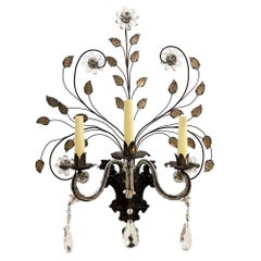 Large Pair of French Baguès Style Wall Sconces With Flowers & Leaves