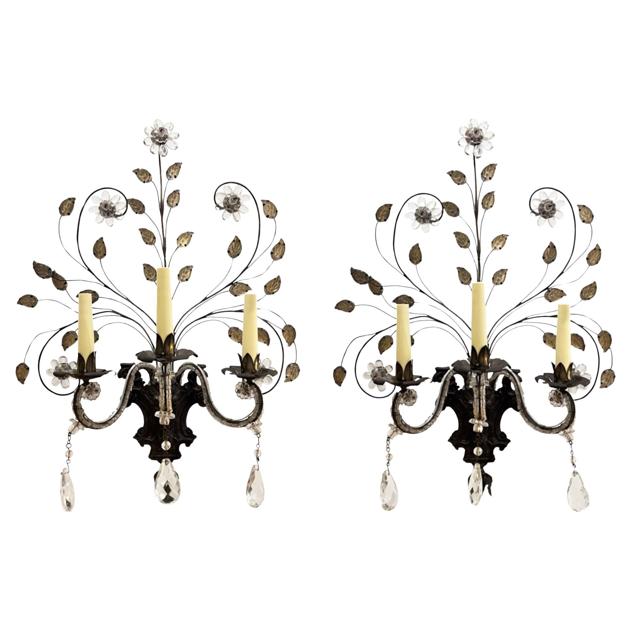 Large Pair of French Baguès Style Wall Sconces With Flowers & Leaves