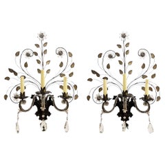 Large Pair of French Baguès Style Wall Sconces With Flowers & Leaves