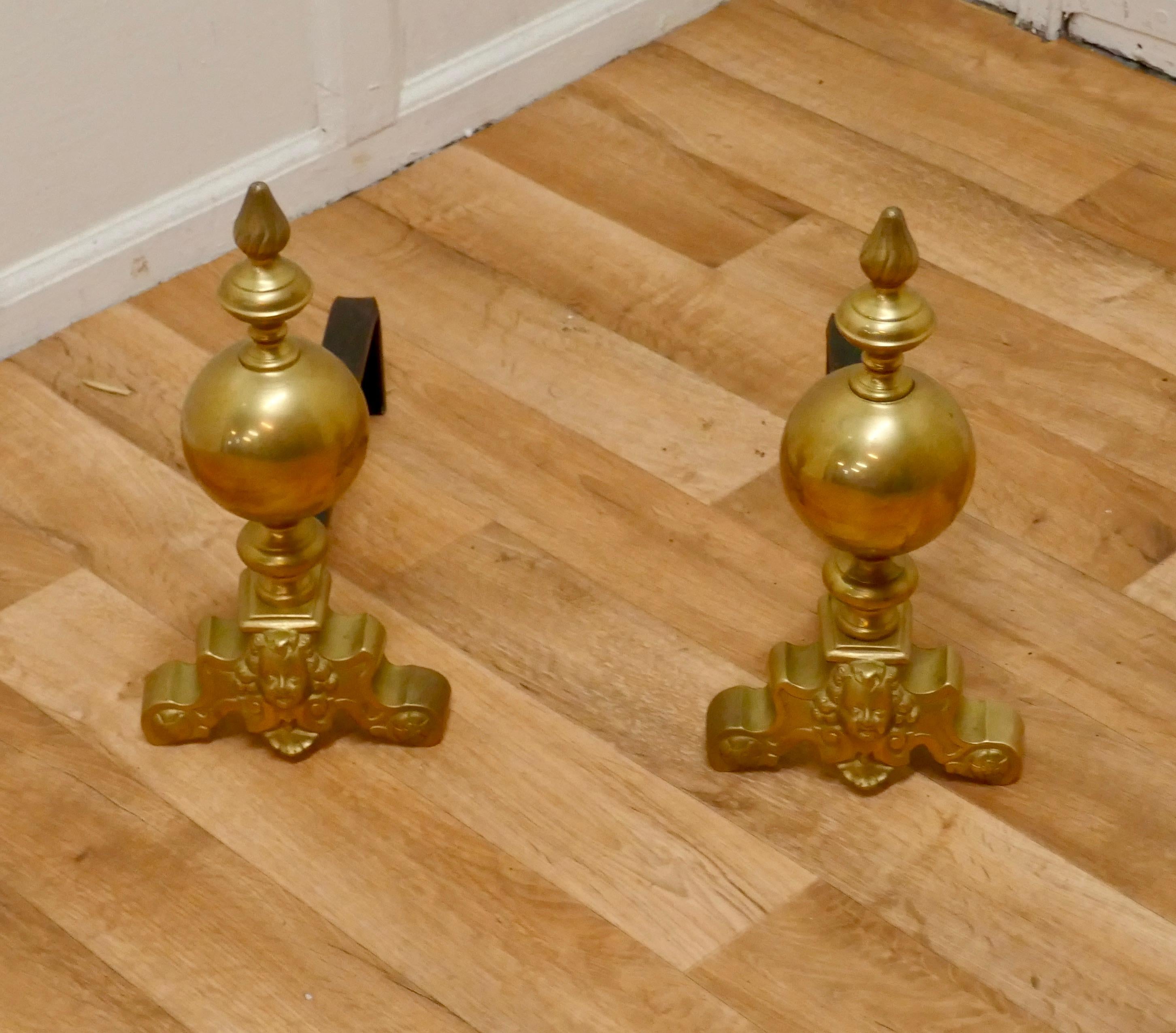 Gothic Large Pair of French Brass Andirons, Fire Dogs or Chenets For Sale