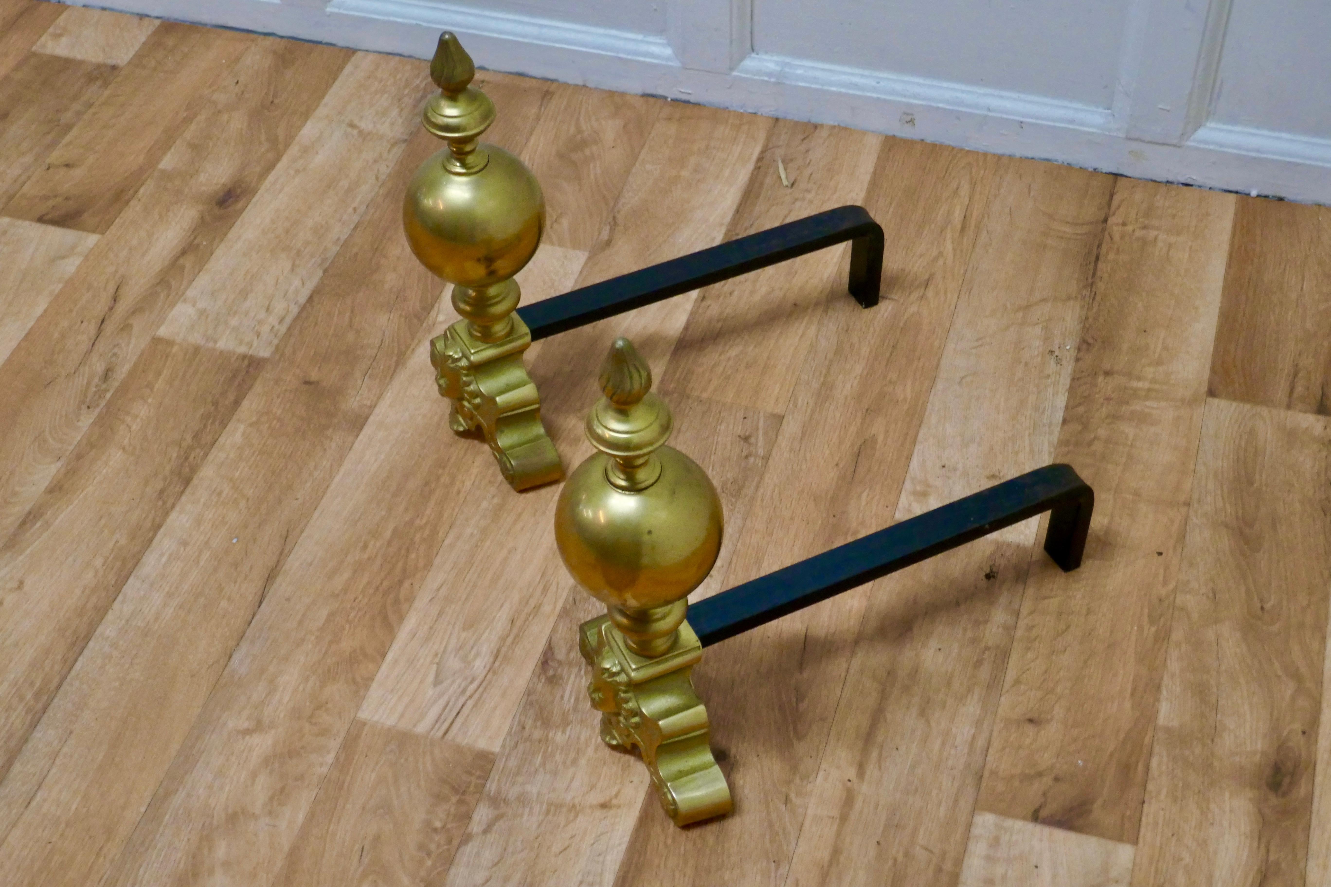 19th Century Large Pair of French Brass Andirons, Fire Dogs or Chenets For Sale
