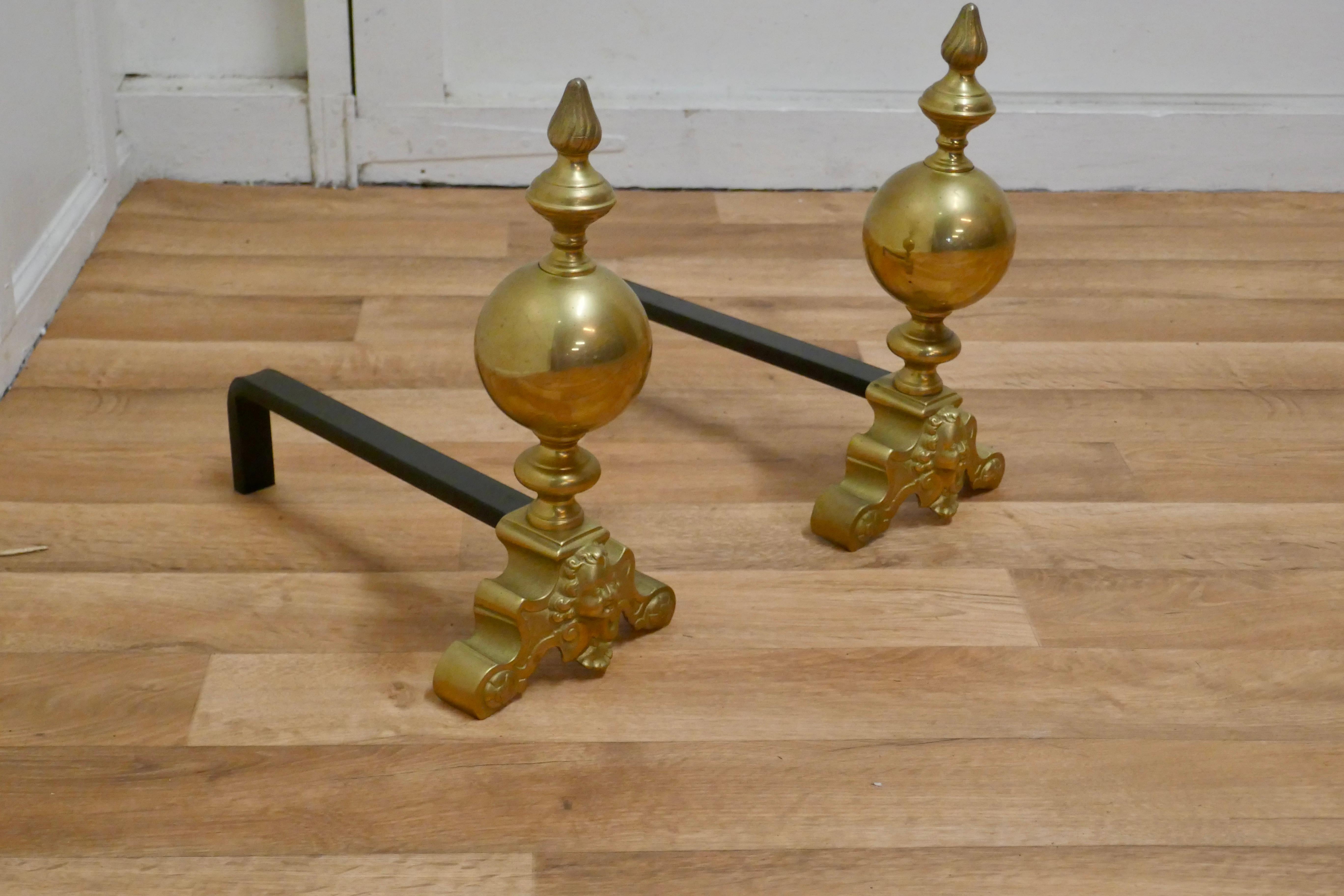 Large Pair of French Brass Andirons, Fire Dogs or Chenets For Sale 1