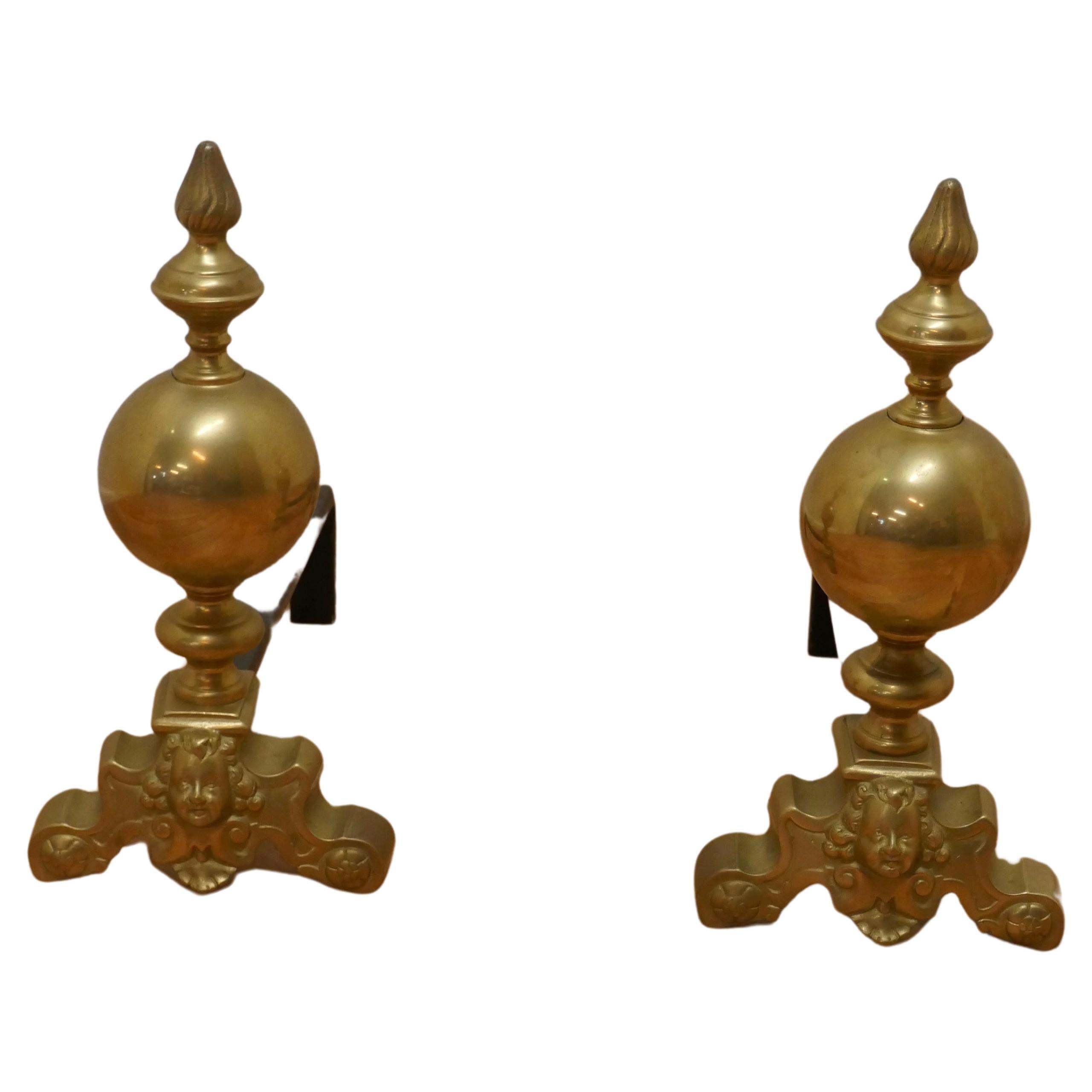 Large Pair of French Brass Andirons, Fire Dogs or Chenets For Sale