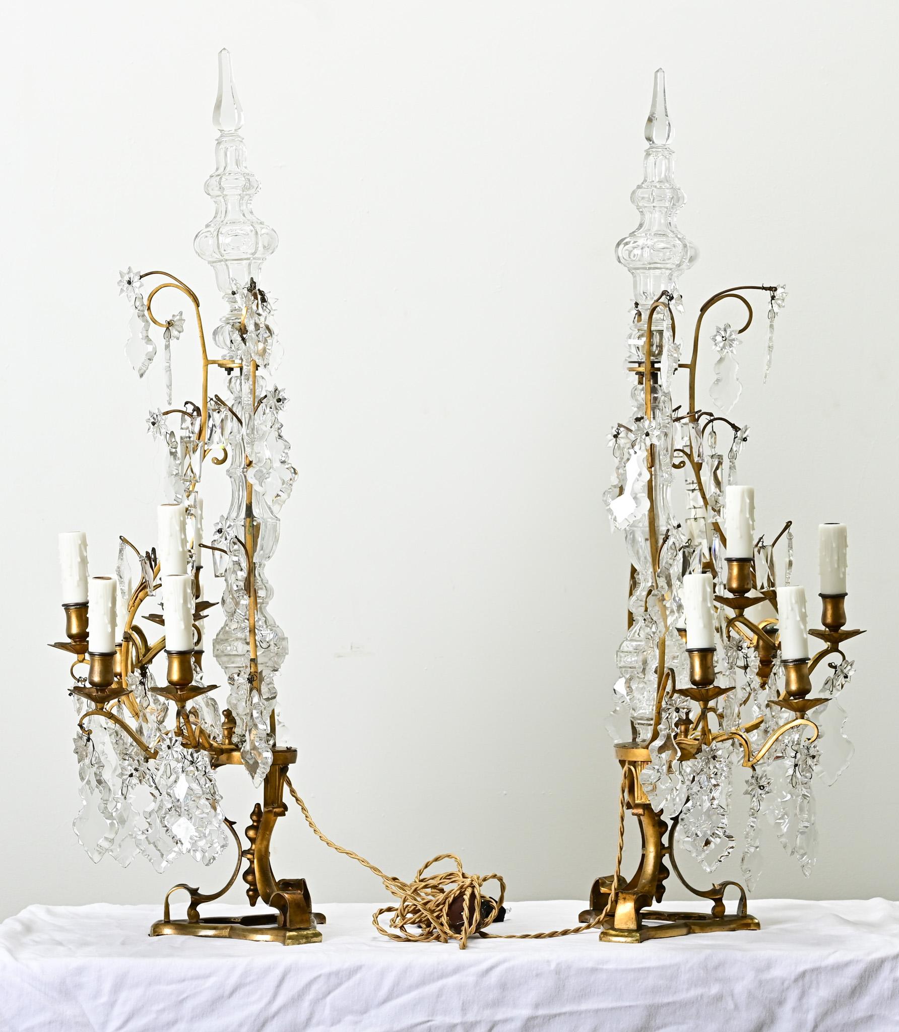Large Pair of French Brass & Crystal Girandoles For Sale 4