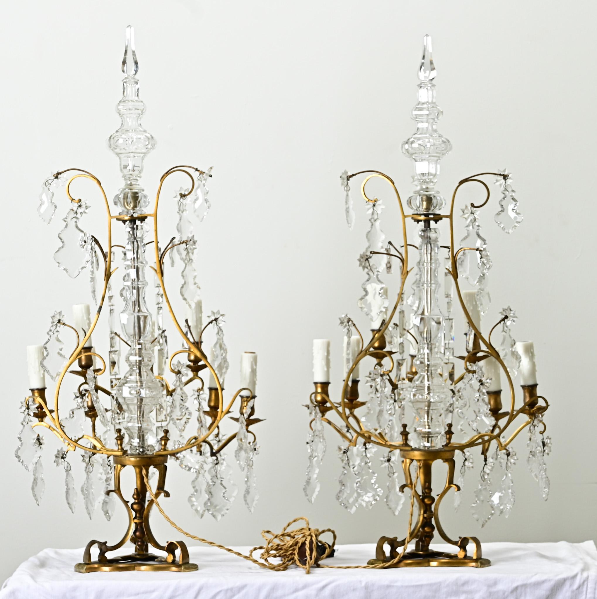 Large Pair of French Brass & Crystal Girandoles For Sale 6