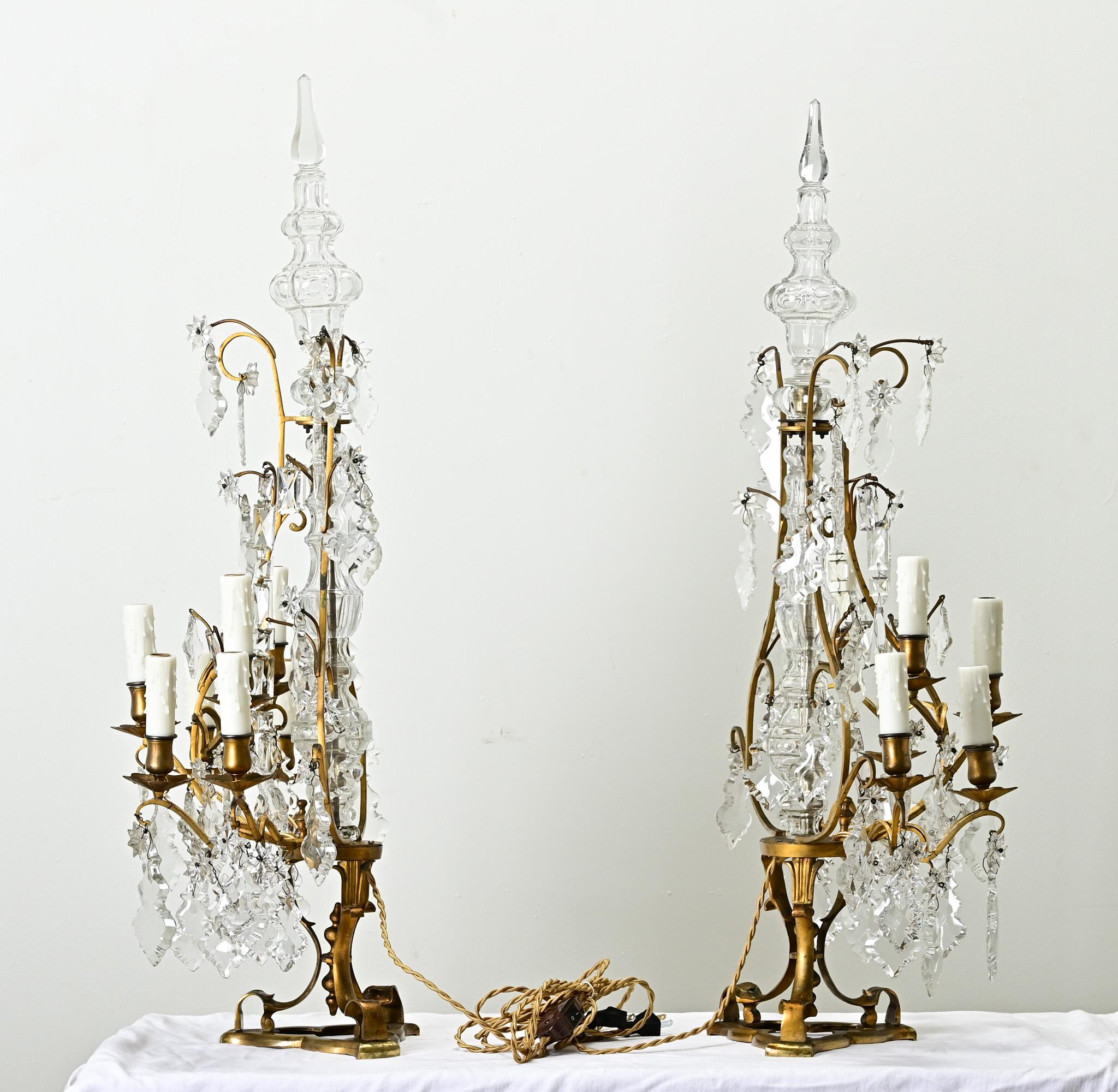 Large Pair of French Brass & Crystal Girandoles For Sale 8