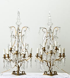 Large Pair of French Brass & Crystal Girandole Lamps