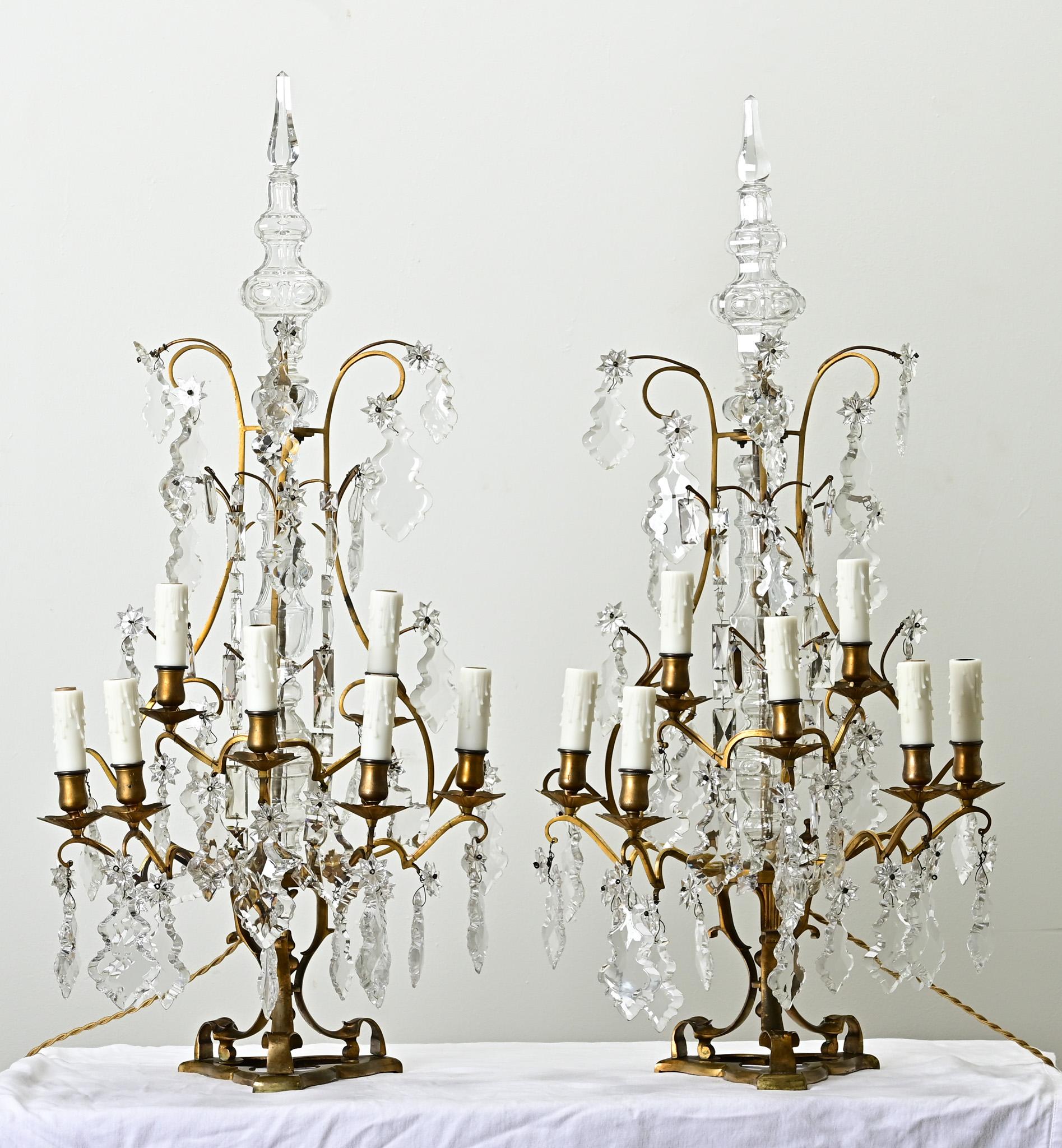 Louis XVI Large Pair of French Brass & Crystal Girandoles For Sale