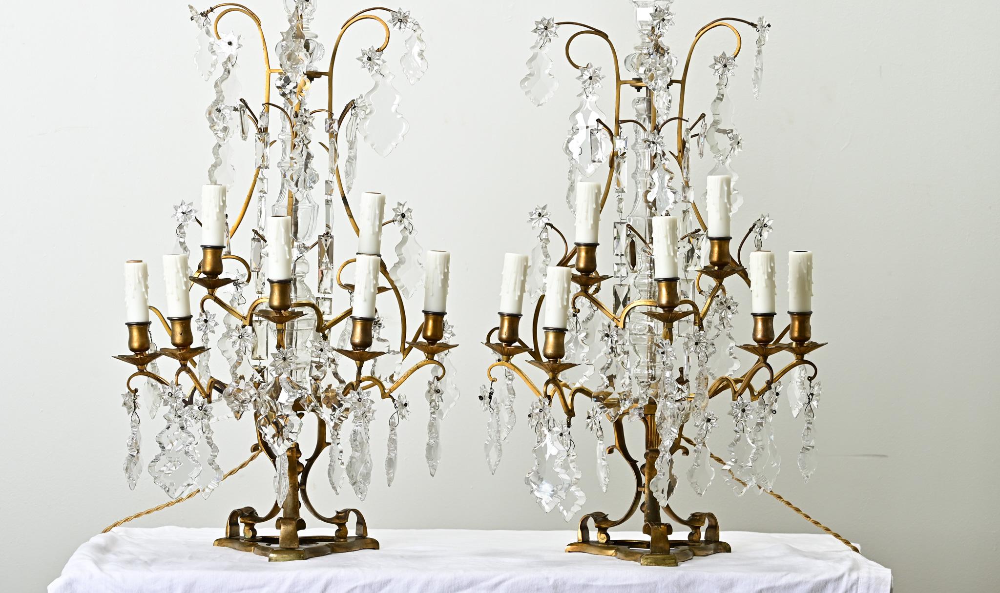 Gilt Large Pair of French Brass & Crystal Girandoles For Sale