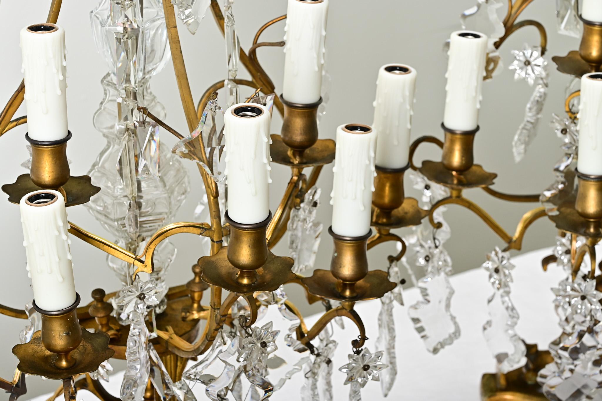 Large Pair of French Brass & Crystal Girandoles In Good Condition For Sale In Baton Rouge, LA