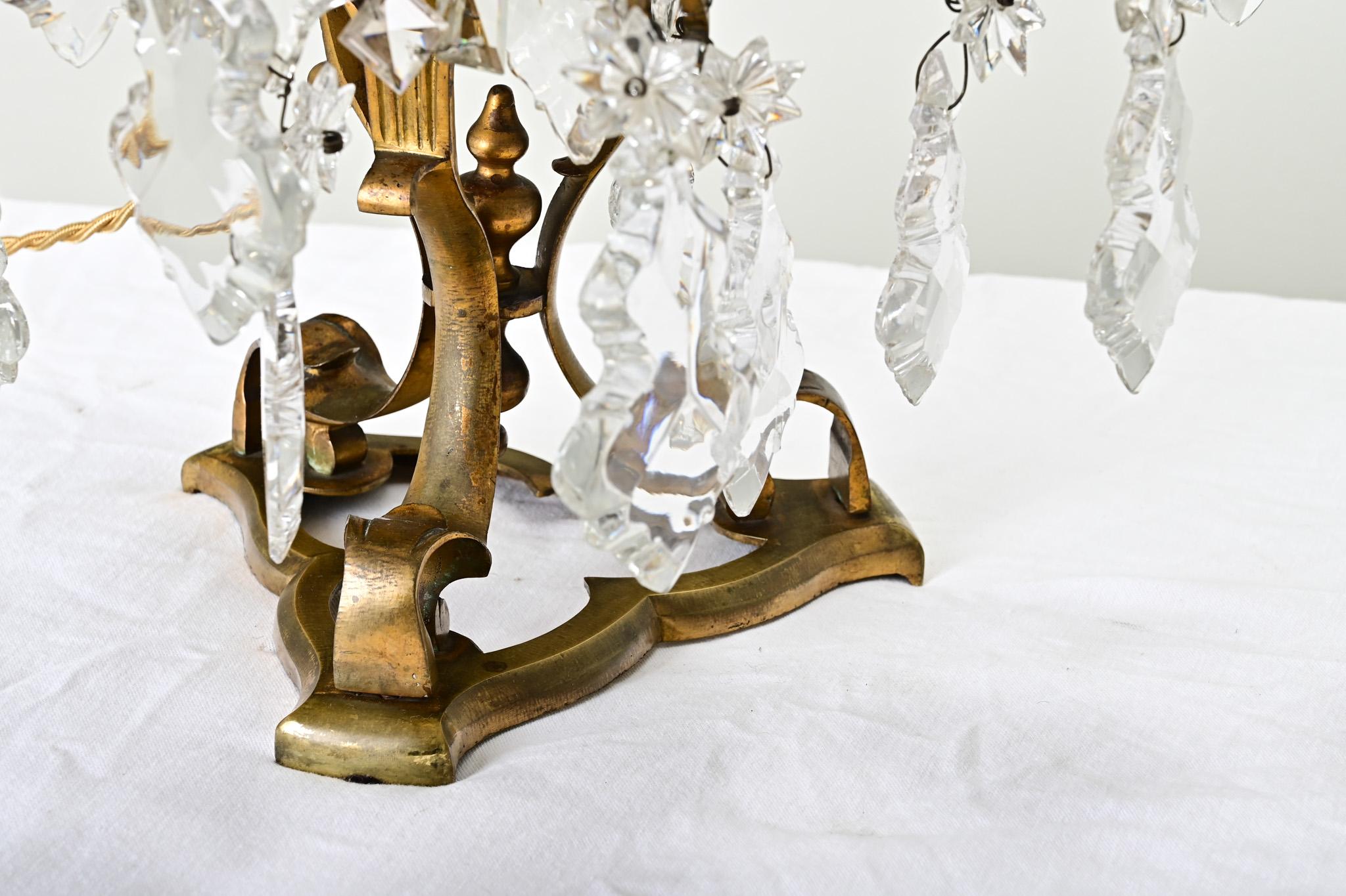 Large Pair of French Brass & Crystal Girandoles For Sale 1