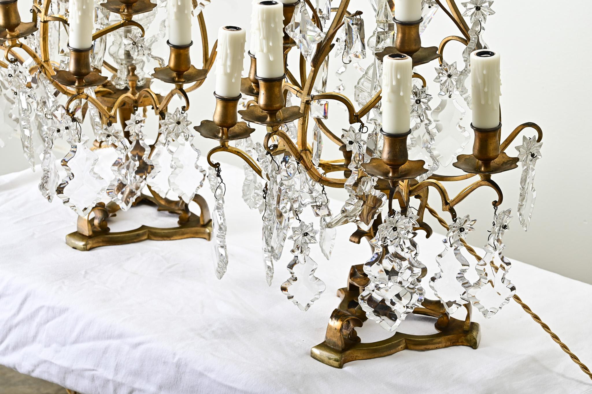 Large Pair of French Brass & Crystal Girandoles For Sale 2