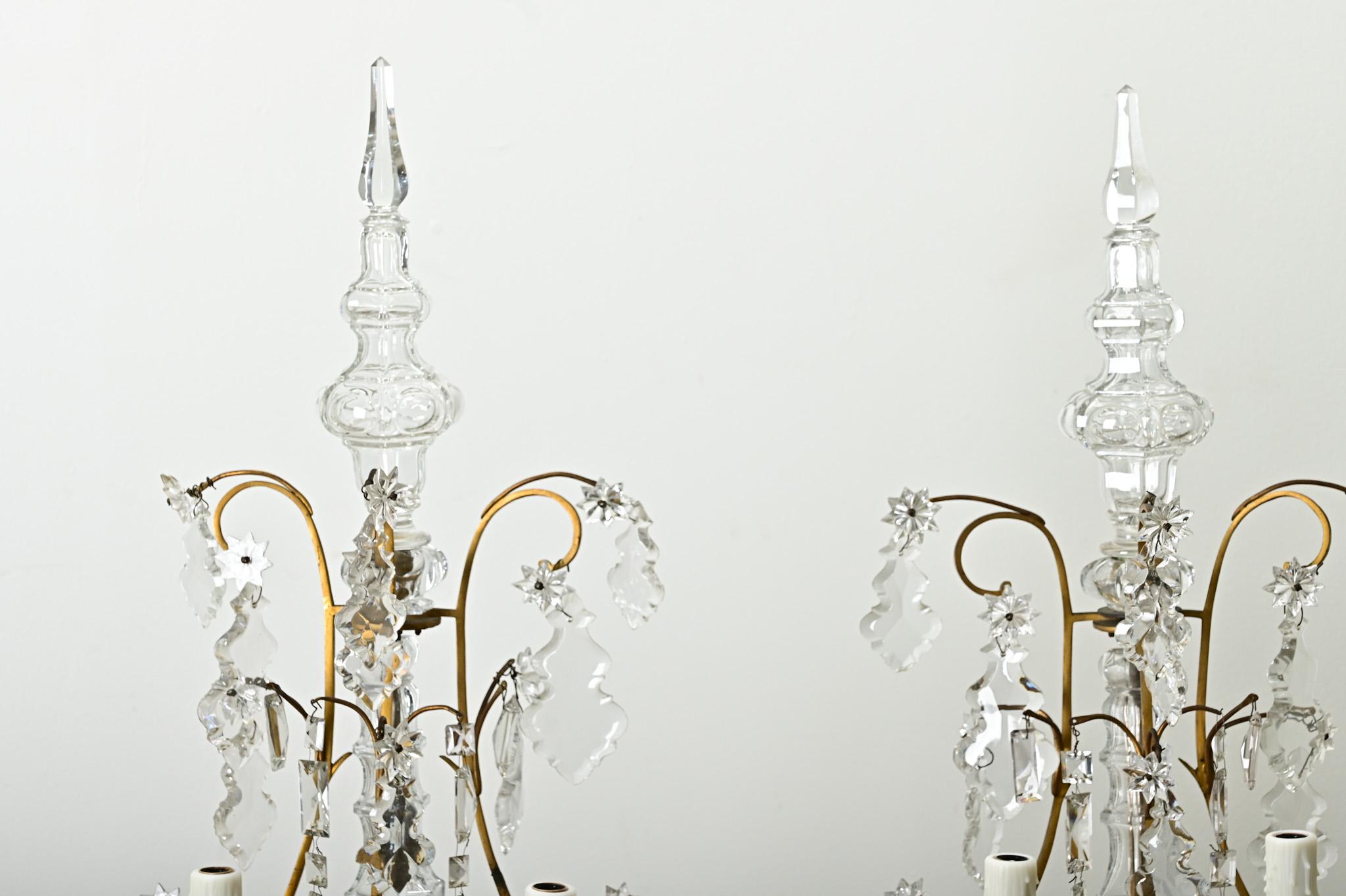 Large Pair of French Brass & Crystal Girandoles For Sale 3