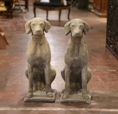 Large Pair of French Carved Stone Verdigris Patinated Labrador Dog Sculptures