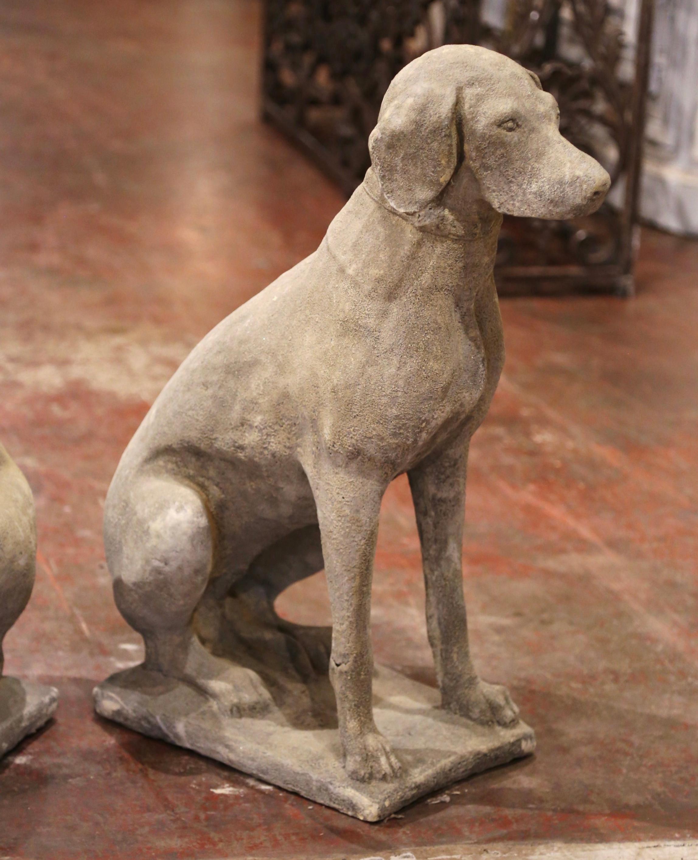 Contemporary Large Pair of French Carved Stone Verdigris Patinated Labrador Dog Sculptures