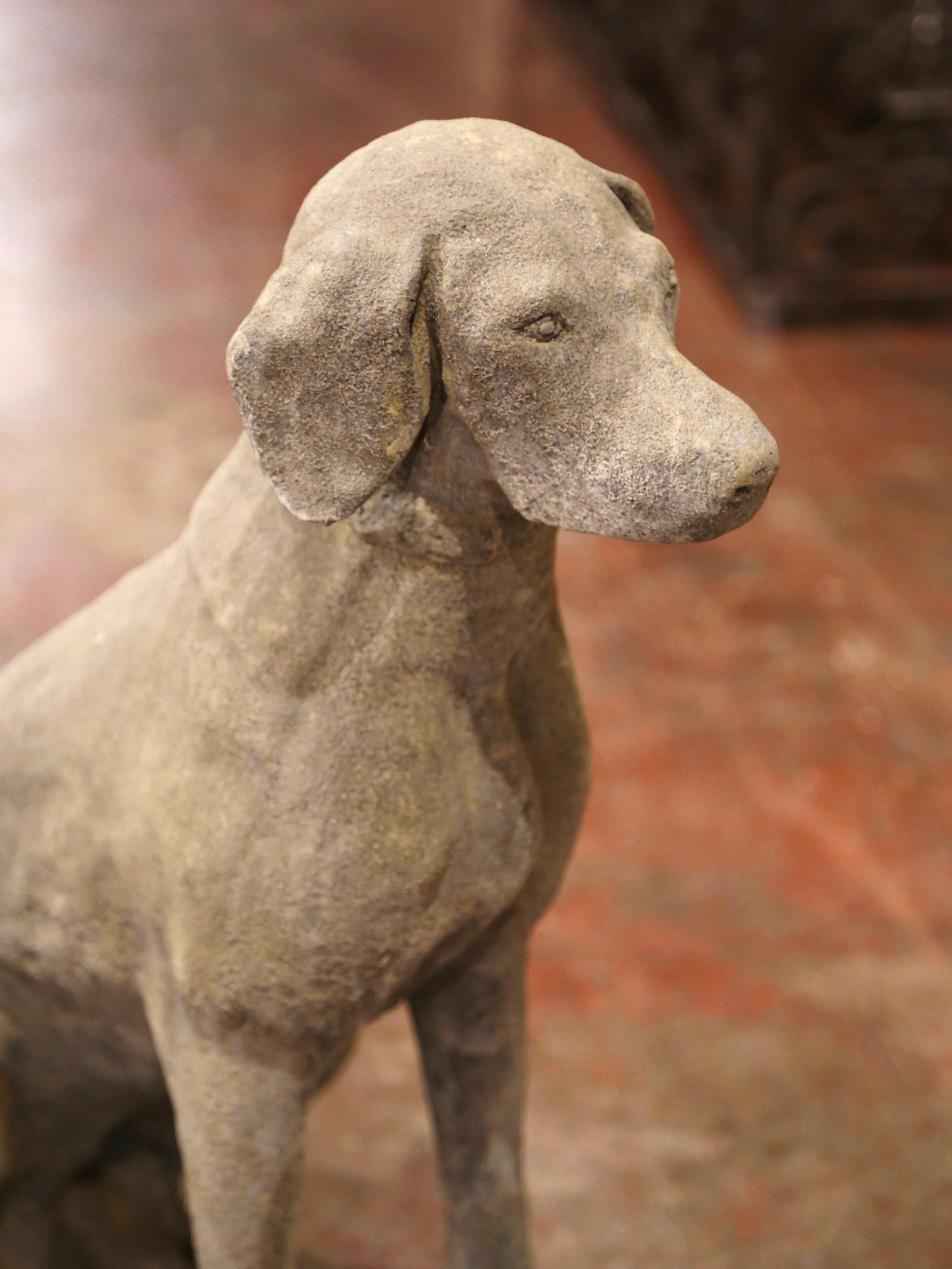 Cast Stone Large Pair of French Carved Stone Verdigris Patinated Labrador Dog Sculptures