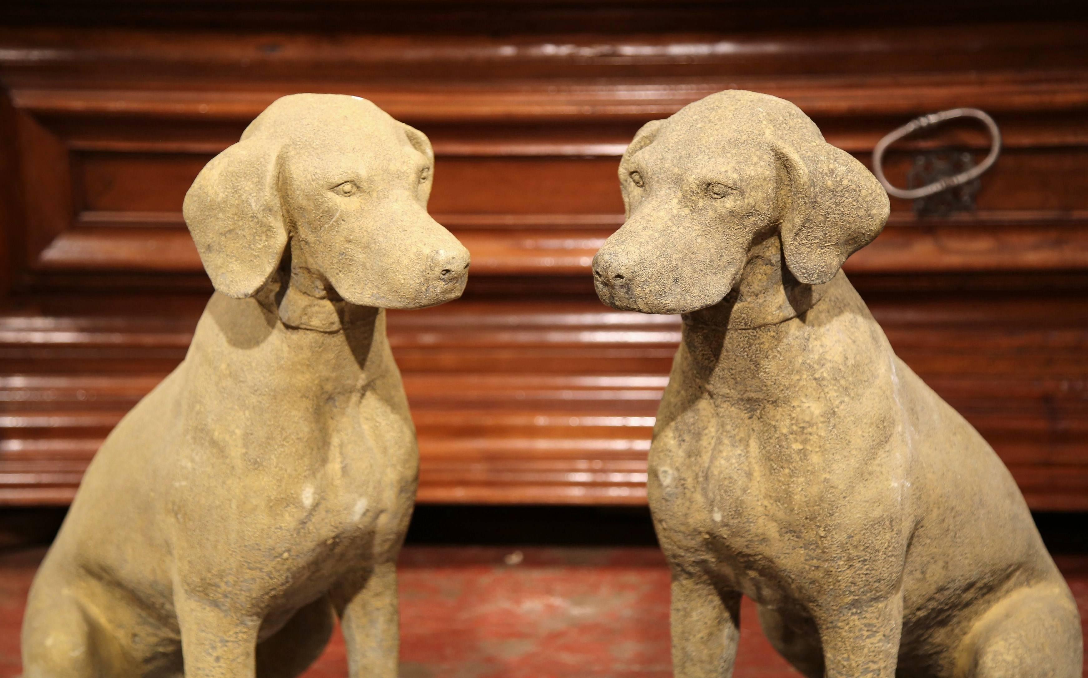 This fine pair of classic dog sculptures were crafted in France, circa 2010. The stately, vintage Labradors with collar are set on a flat base and sitting on their back legs. The sculpted canines have a verdigris patina and could be used inside or
