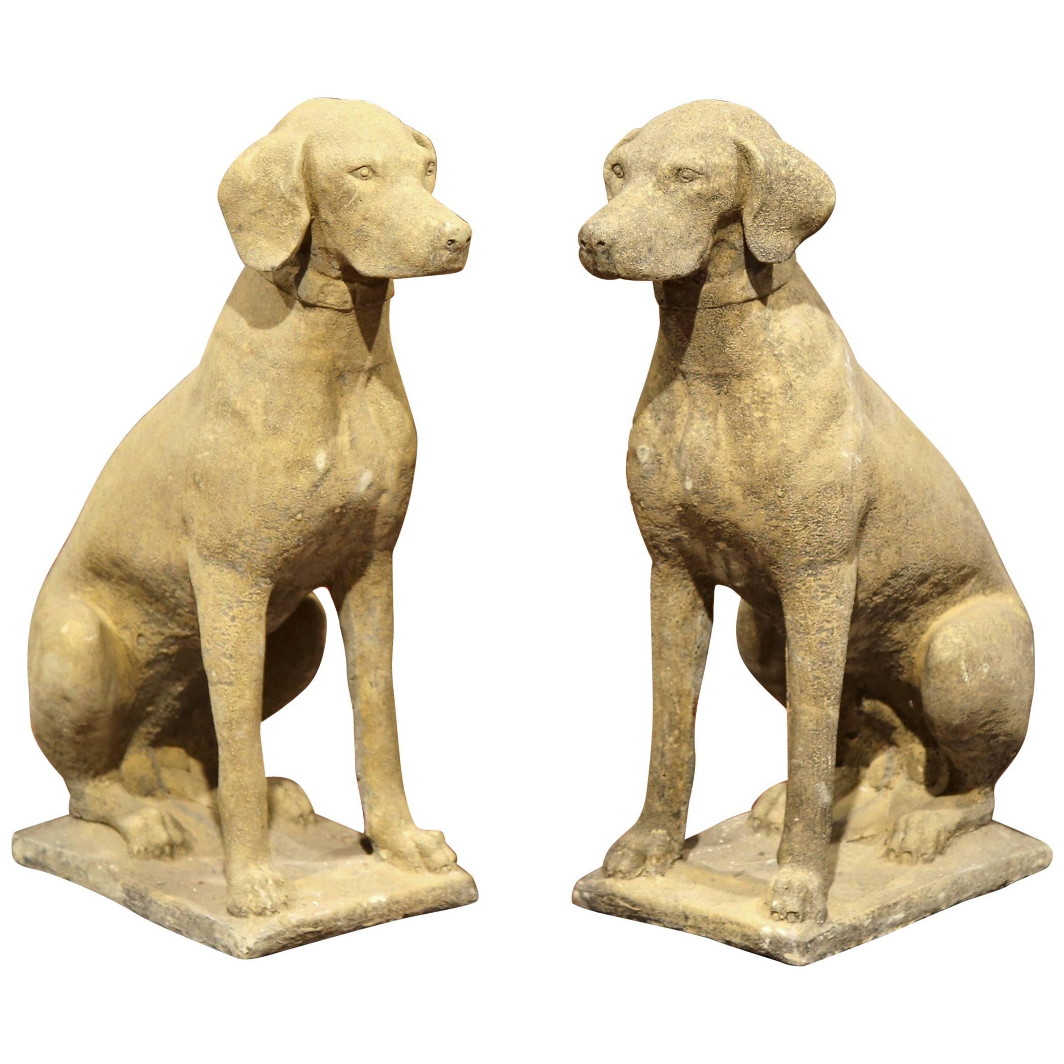 Large Pair of French Concrete Verdigris Patinated Labrador Dog Sculptures