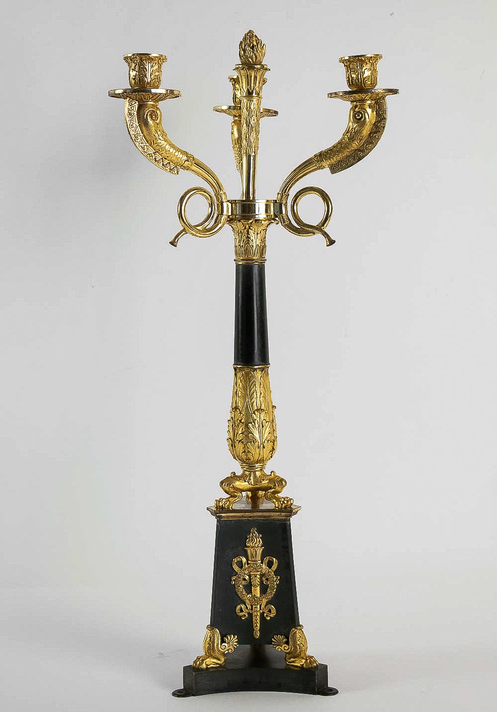 Gilt Large Pair of French Empire or Restauration Period Candelabra, circa 1815-1830 For Sale