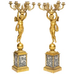 Large Pair of French Empire Ormolu Candelabra on Granito Orbicolare, circa 1820
