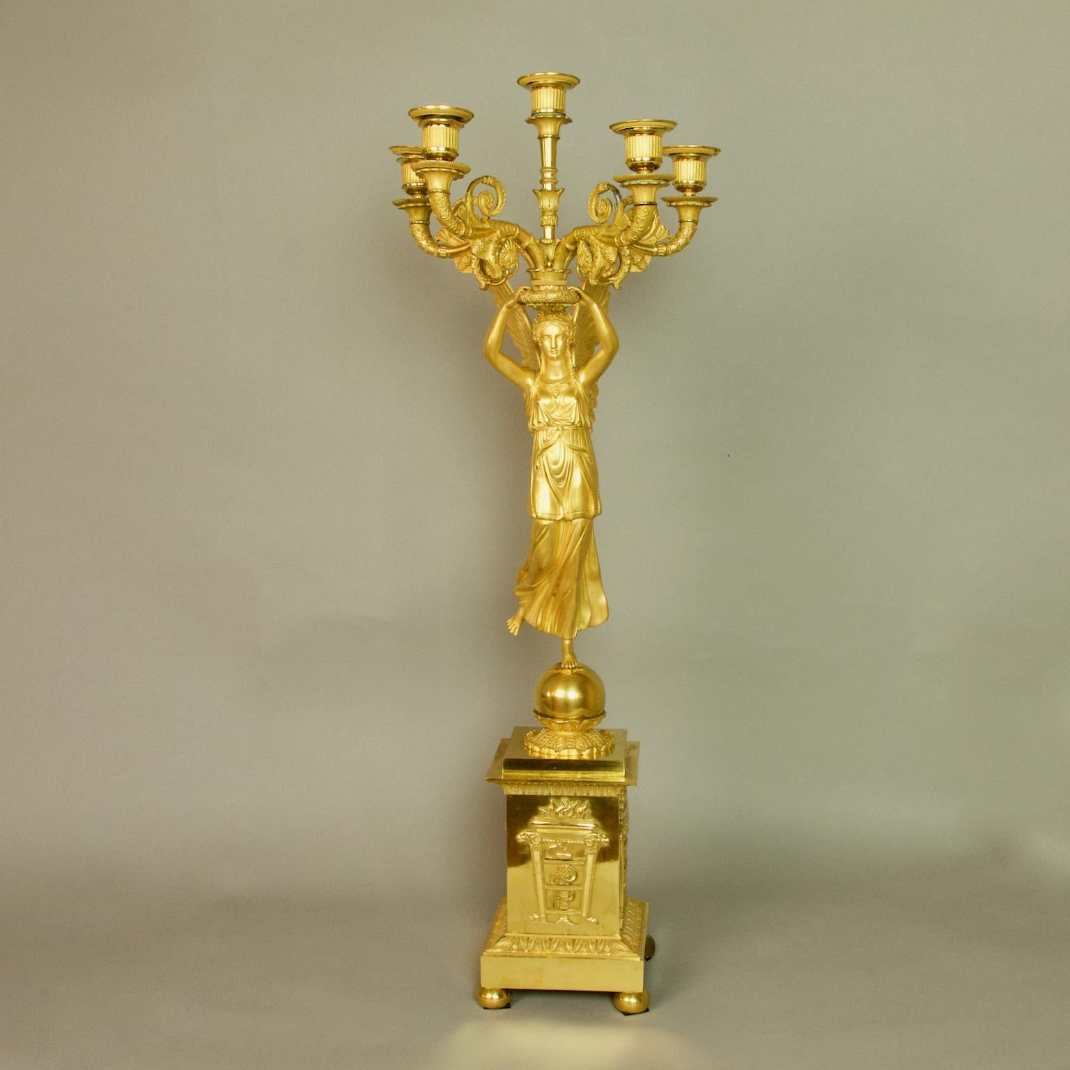 Ormolu Pair of French Empire Gilt Bronze Winged Victory Candelabras, attr. P.P. Thomire