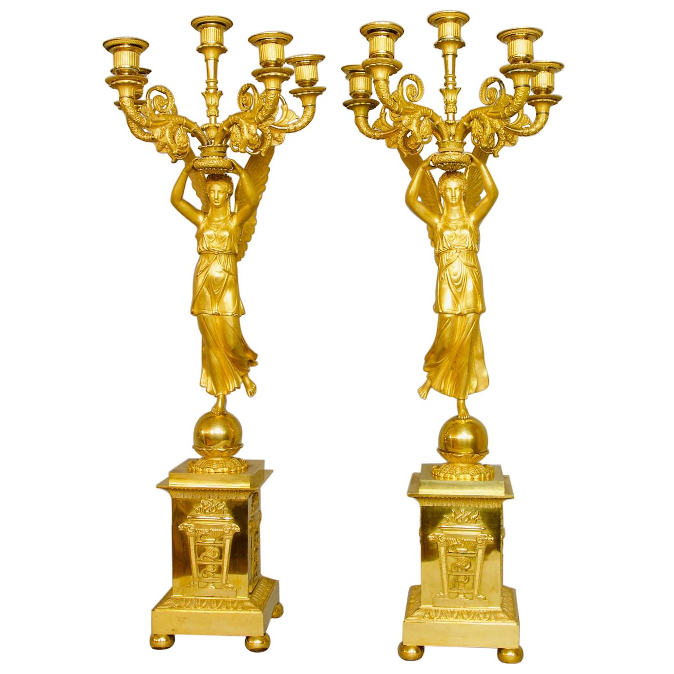 Pair of French Empire Gilt Bronze Winged Victory Candelabras, attr. P.P. Thomire