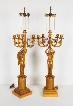 Large Pair of French Empire Style Gilt Bronze Five-Light Candelabra Lamps