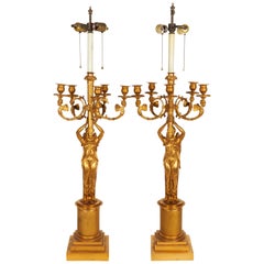 Large Pair of French Empire Style Gilt Bronze Five-Light Candelabra Lamps