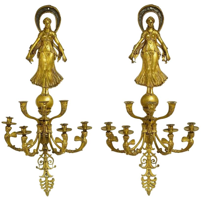 Large Pair of French Empire Style Gilt Bronze Seven-Light Wall Lights For Sale