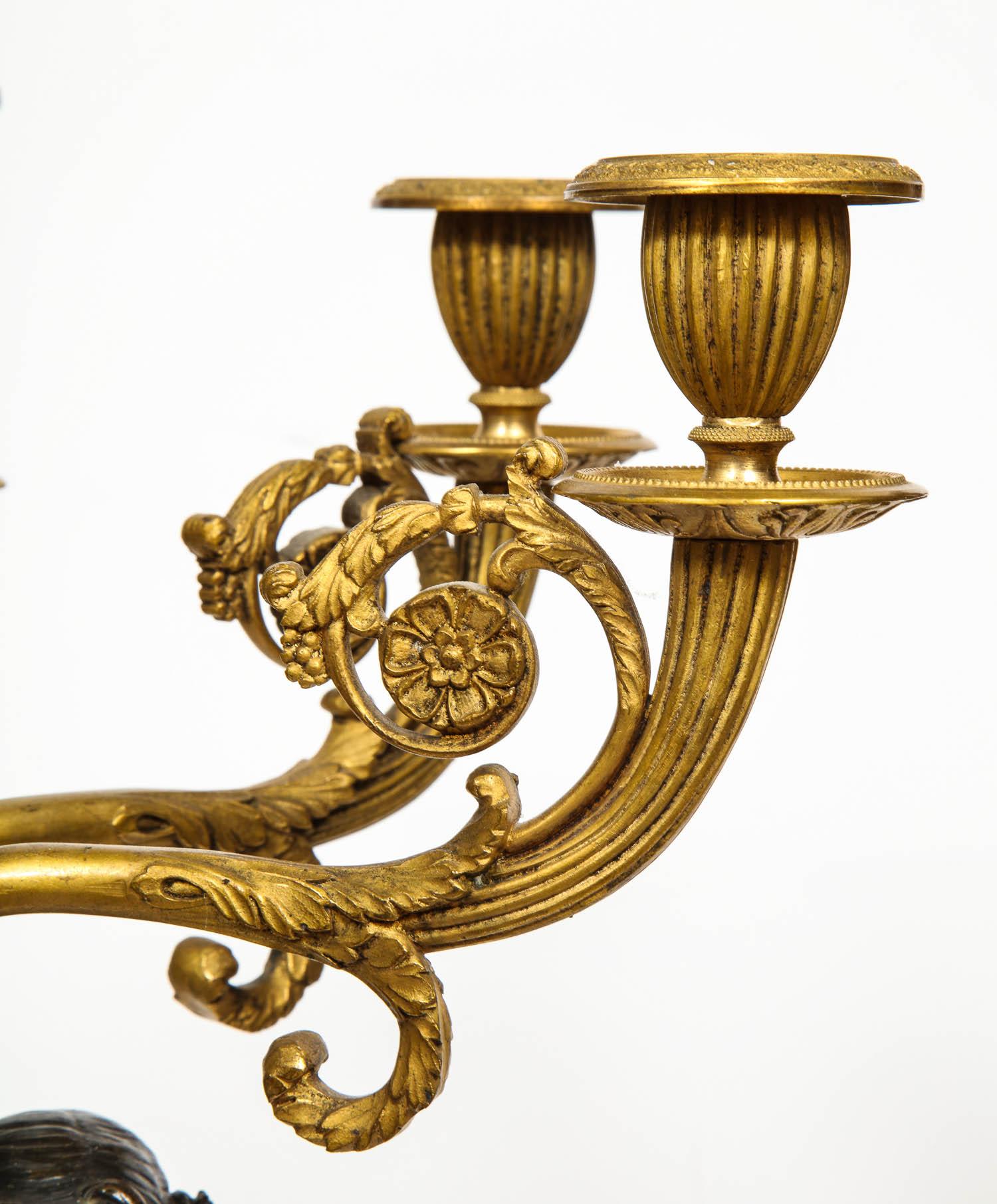 Large Pair of French Gilt and Patinated Bronze Candelabra on Swedish Porphyry 6