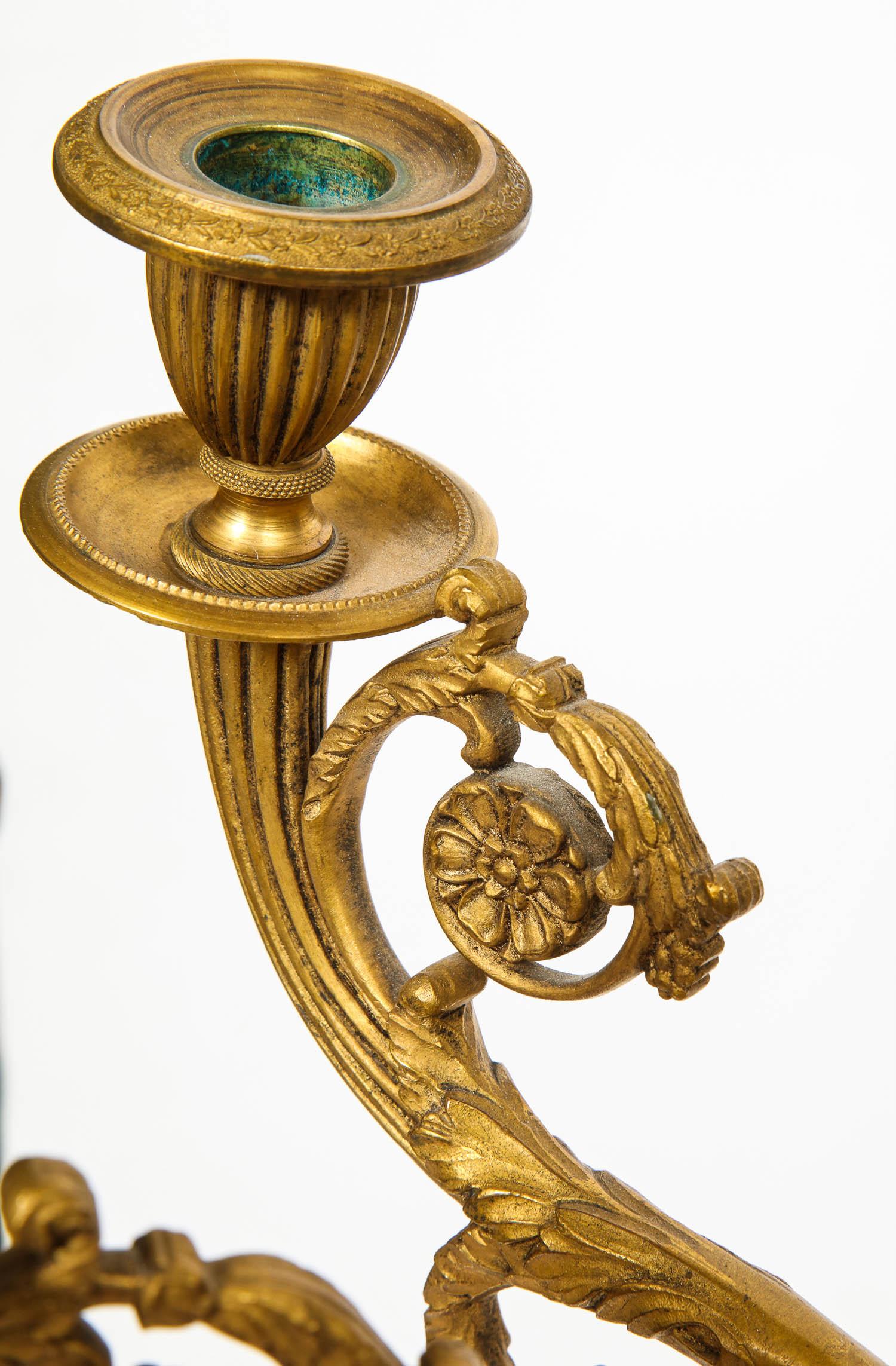 Large Pair of French Gilt and Patinated Bronze Candelabra on Swedish Porphyry 8